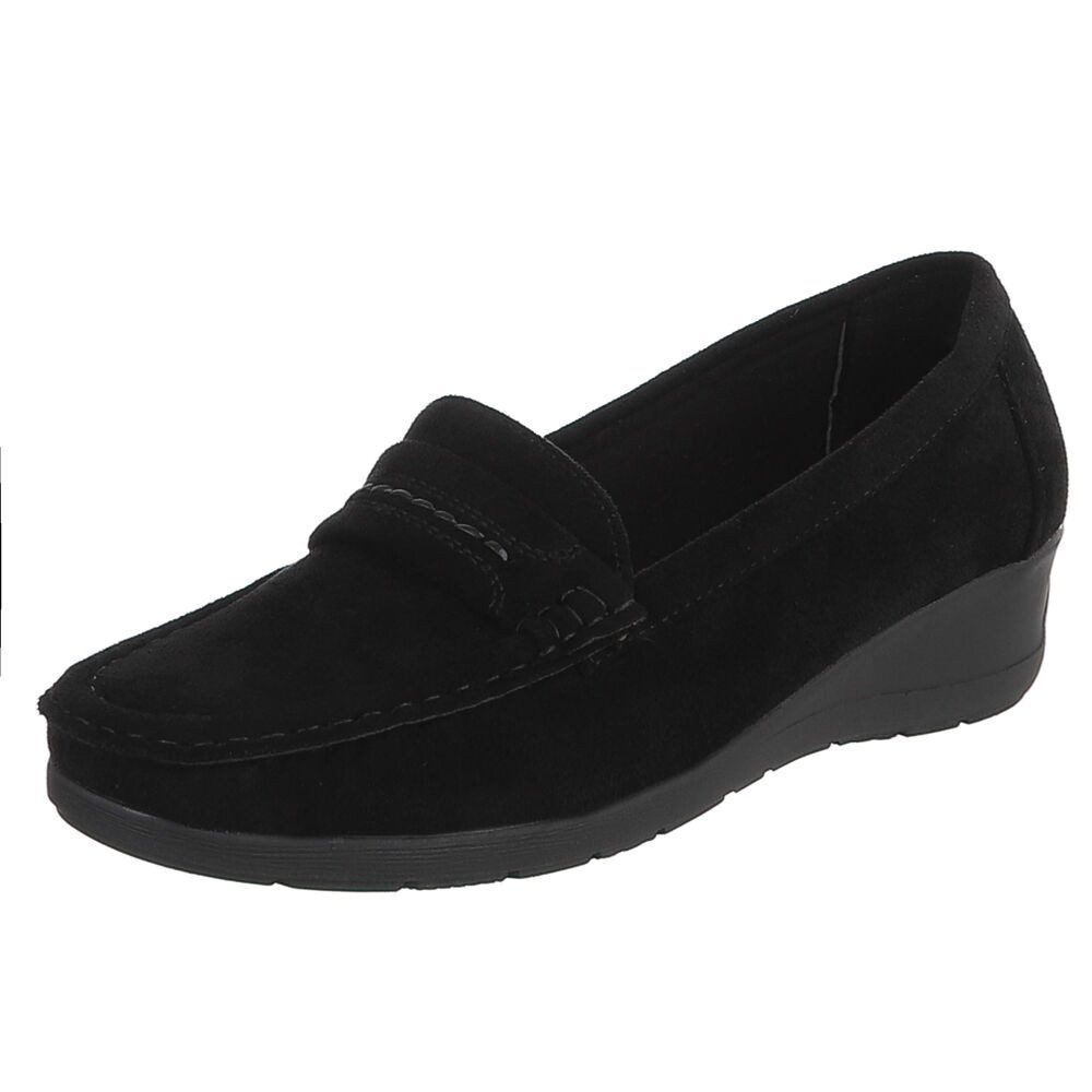 Ital-Design Damen Loafer Slip-On mit Keilsohle in Veloursoptik Slipper (91849445) Keilabsatz/Wedge Mokassins in Schwarz