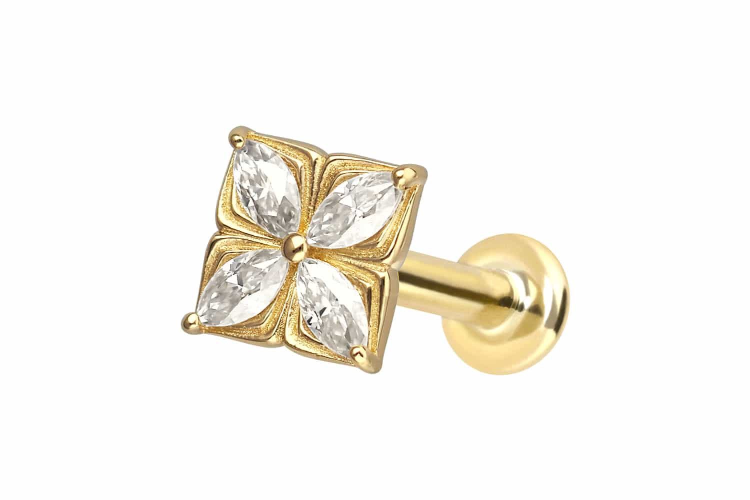 Piercing-Set 14 Karat Gold Labret mit Push Fit MOISSANIT-BLUME