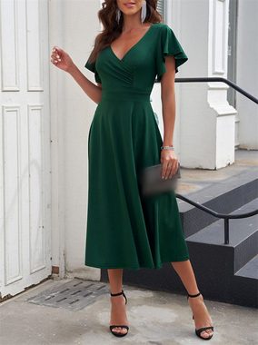 AFAZ New Trading UG Dirndl Elegantes Kleid mit V-Ausschnitt und Rüschenärmeln für Damen Einfarbiger, schlanker langer Damenrock mit hoher Taille