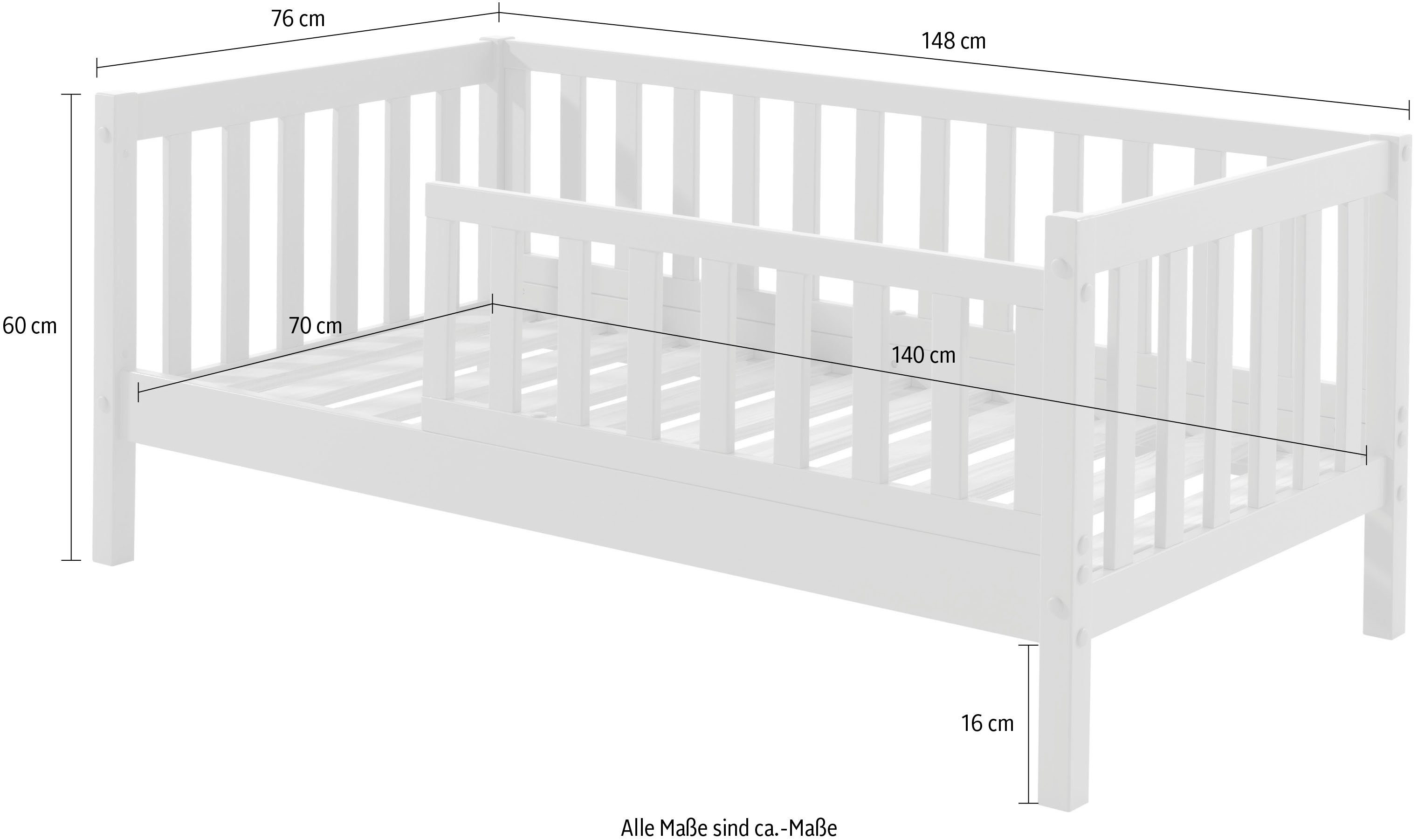 Vipack Kinderbett Junior, Kiefermassiv mit umlaufenden Sprossengitter und Rolllattenrost (B/H/T ca. 148x60x76cm, mit niedrigem Betteinstieg), wahlweise in 2 Farben, mit oder ohne Schublade