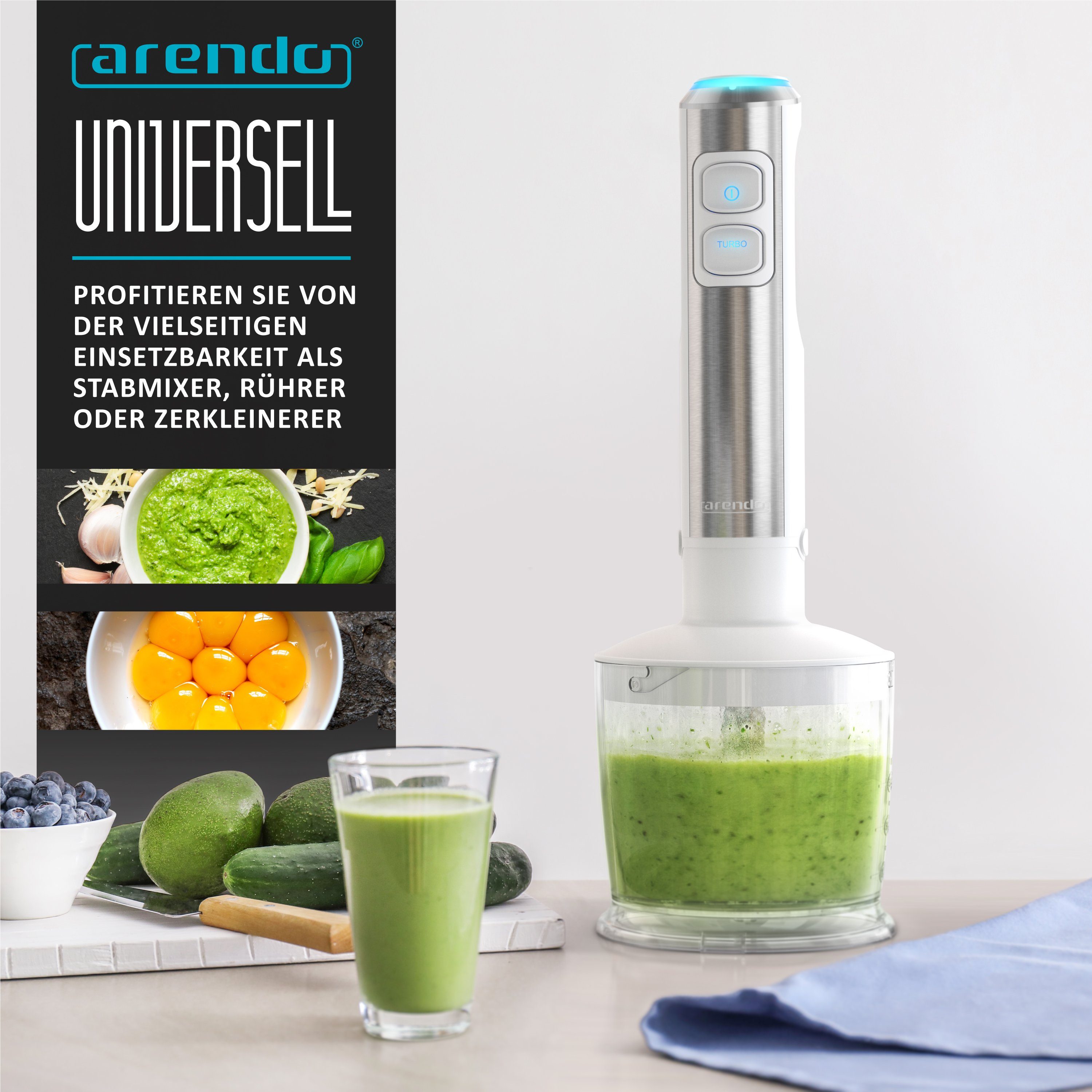 Arendo Stabmixer Edelstahl Pürierstab Set mit Zerkleinerer & Messbecher, Handmixer, 1200 W, 2 Geschwindigkeitsstufen, 4-Klingen, einfache Reinigung, DC Motor