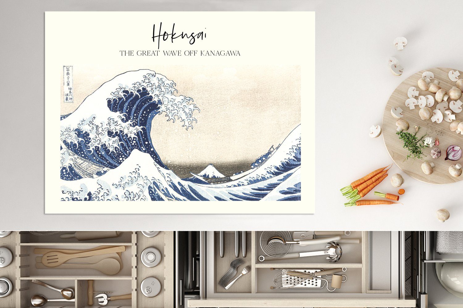 - Kunst, MuchoWow Hokusai Arbeitsfläche Die Herdblende-/Abdeckplatte Welle große 70x52 vor Japanische Vinyl, nutzbar, (1 - Ceranfeldabdeckung tlg), Kanagawa cm, Mobile