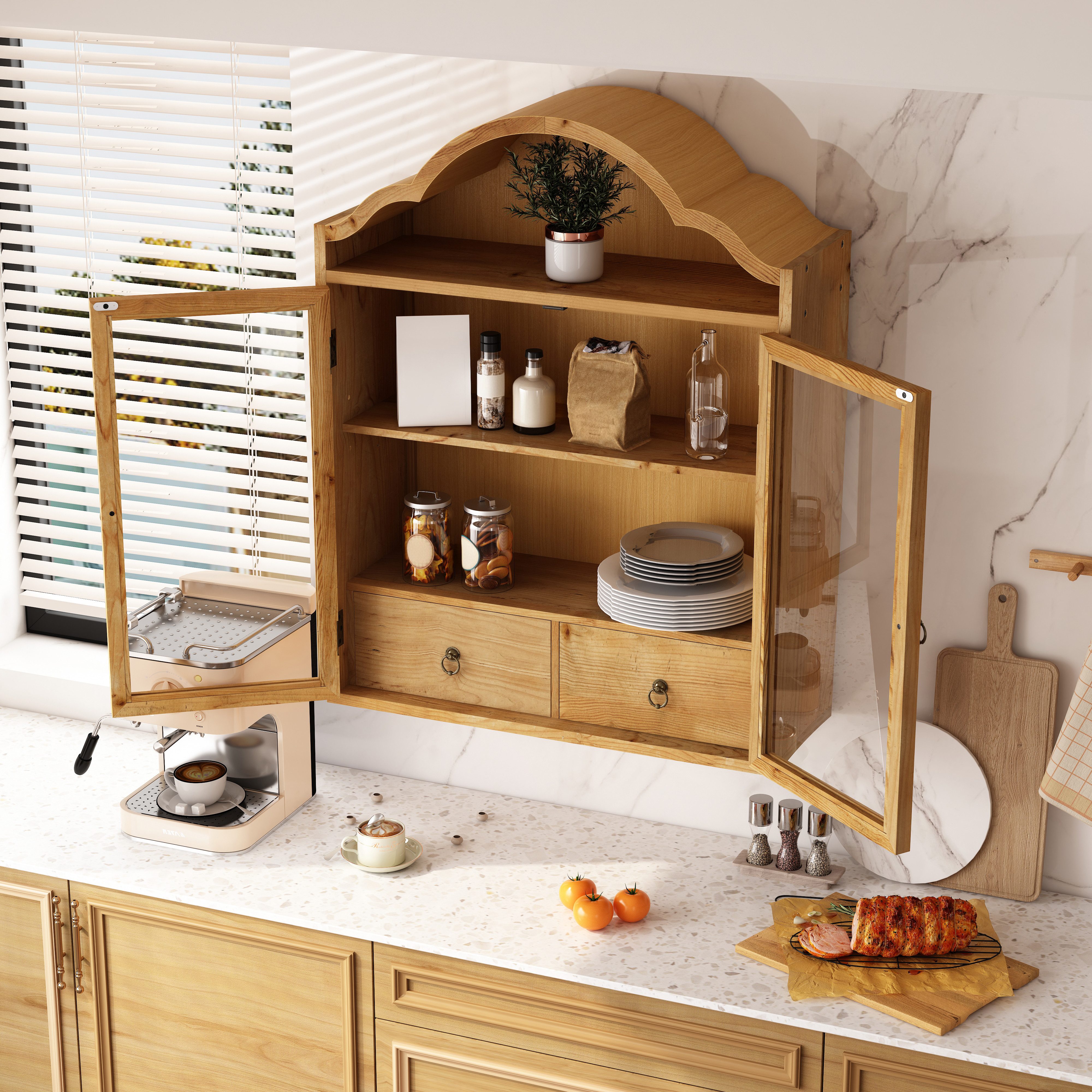 Celya Hängeschrank Retro Wandschrank Mit Geschwungenem Wellendach Und Schubladen (Einsetzbar Für Küche, Badezimmer, Esszimmer Und Wohnzimmer) mit verstellbaren  – Bild 5 von 5