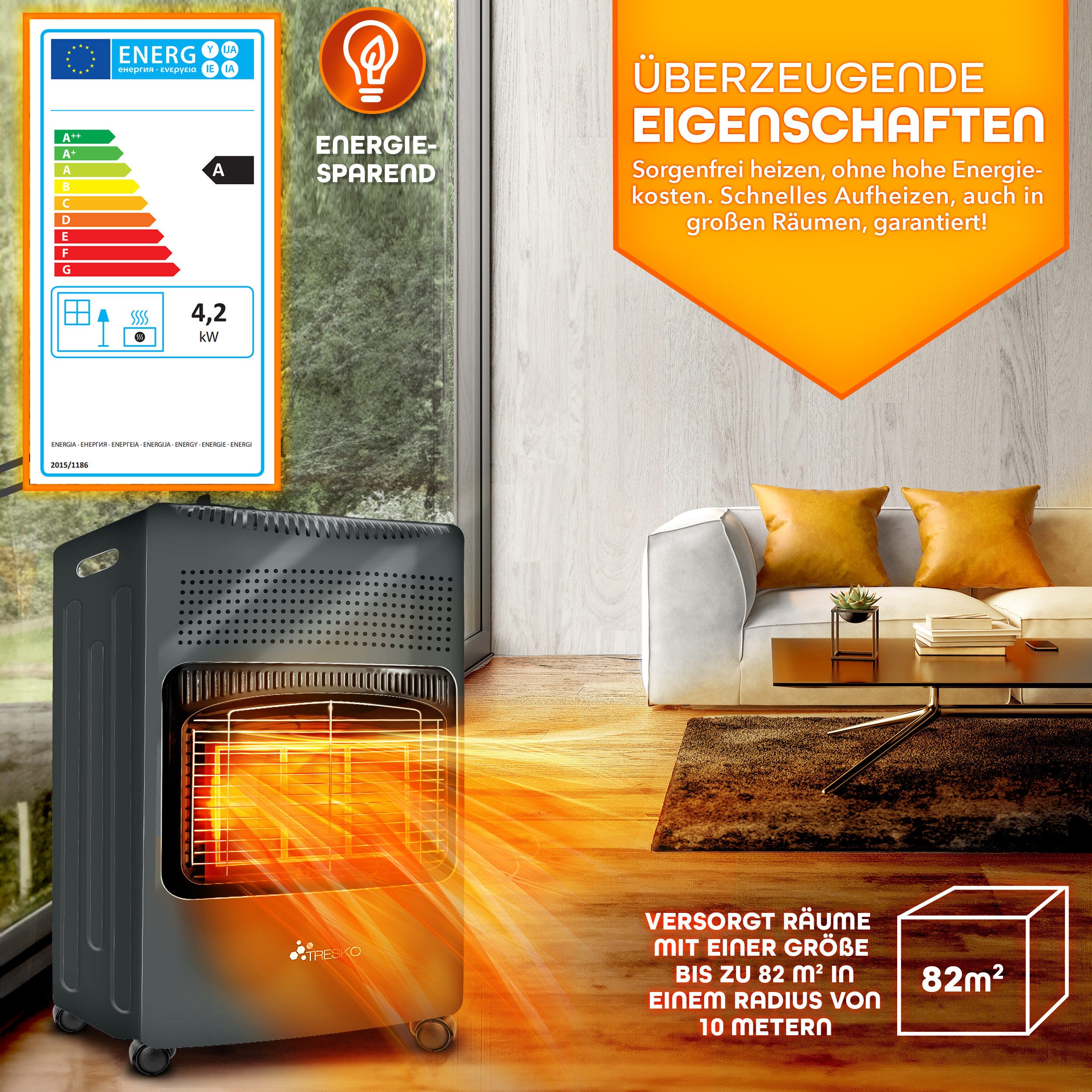 TRESKO Heizstrahler 4200 W Gasheizung + Abdeckung Gasheizer 3 Stufen Gasofe günstig online kaufen