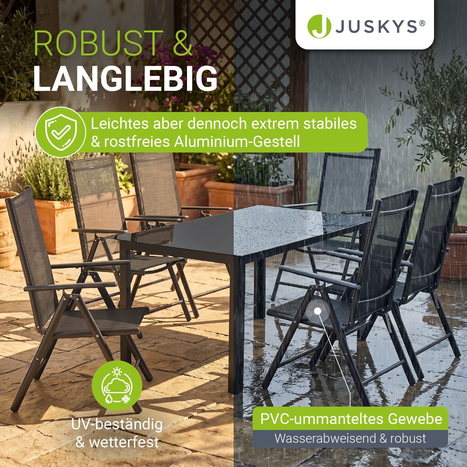 Juskys Garten-Essgruppe Milano, (7-tlg), 6 Gartenstühlen plus Tisch - Stühle klappbar und verstellbar