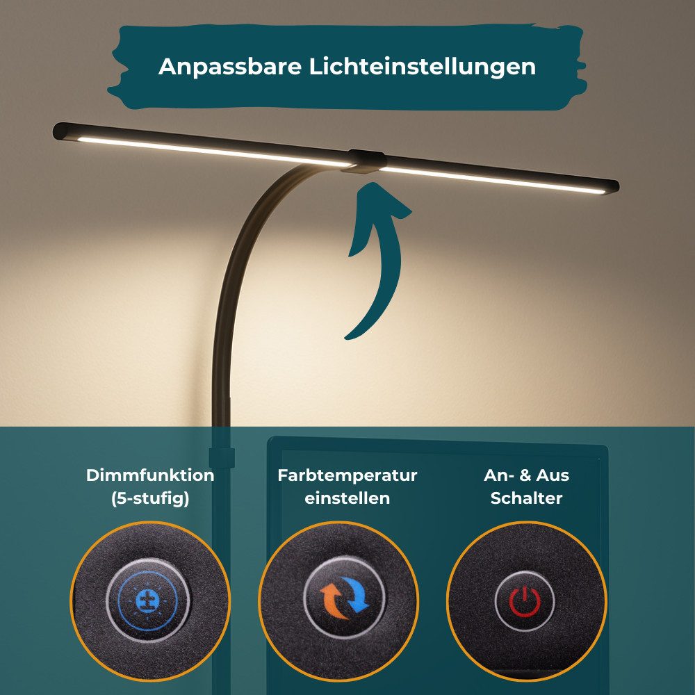 LUXULA LED Schreibtischlampe 80cm dimmbare Doppelkopf Klemmleuchte, LED, warmweiß, neutralweiß, kaltweiß