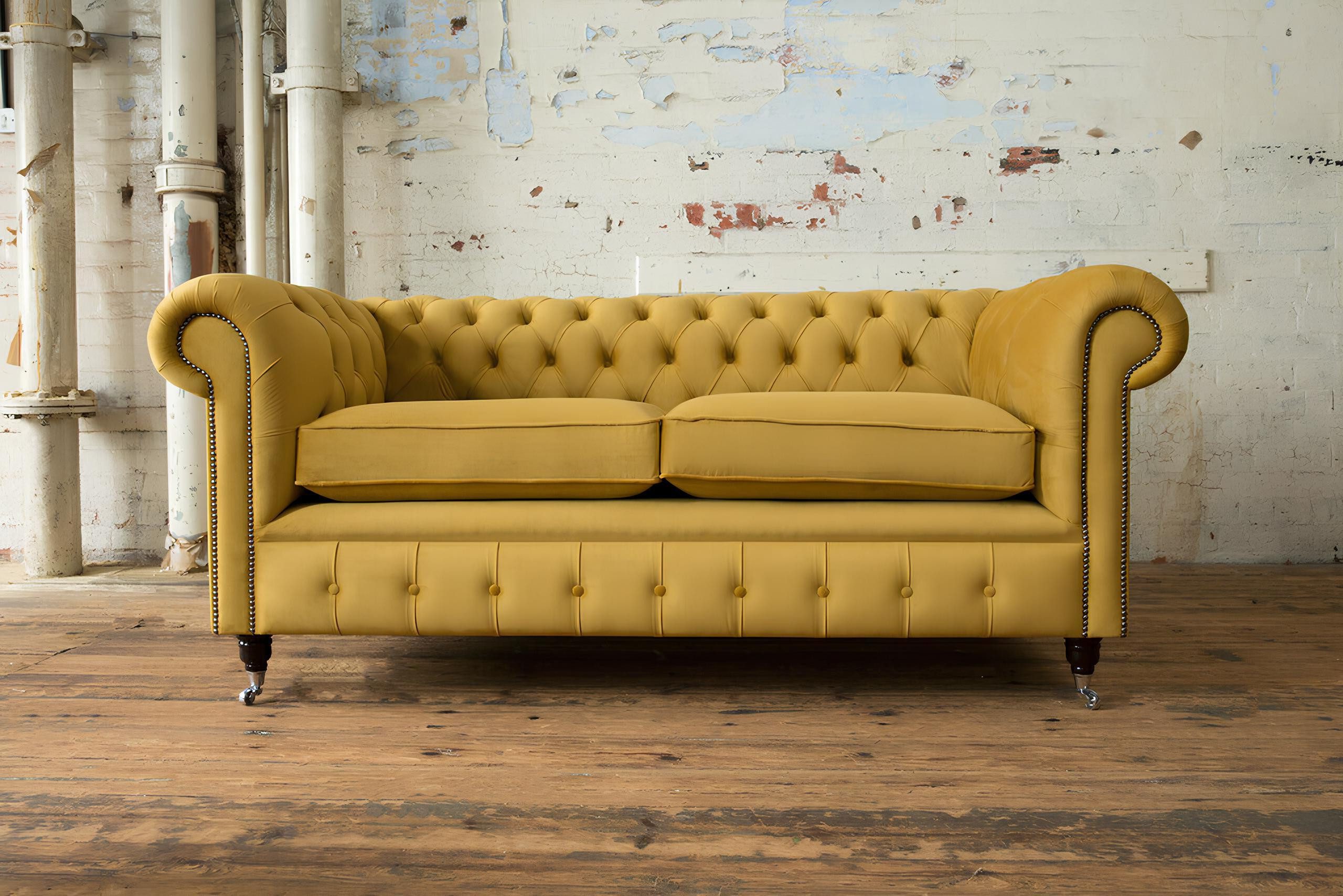 Xlmoebel Chesterfield-Sofa Zweisitzer Sofa in gelbem Leder-Textil-Design mit Knopfverzierungen, Hergestellt in Europa