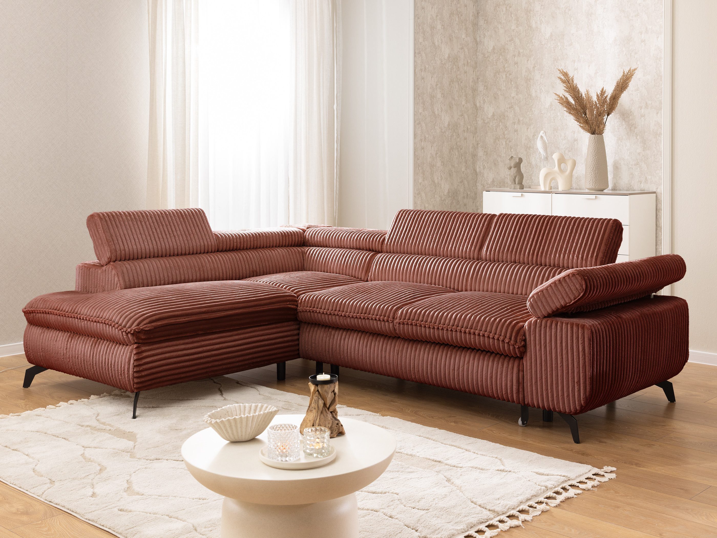 S-Style Möbel Ecksofa Bonnie mit Schlaffunktion Bettkasten und Kopfteilverstellung, mit Wellenfederung, Cord-Stoff