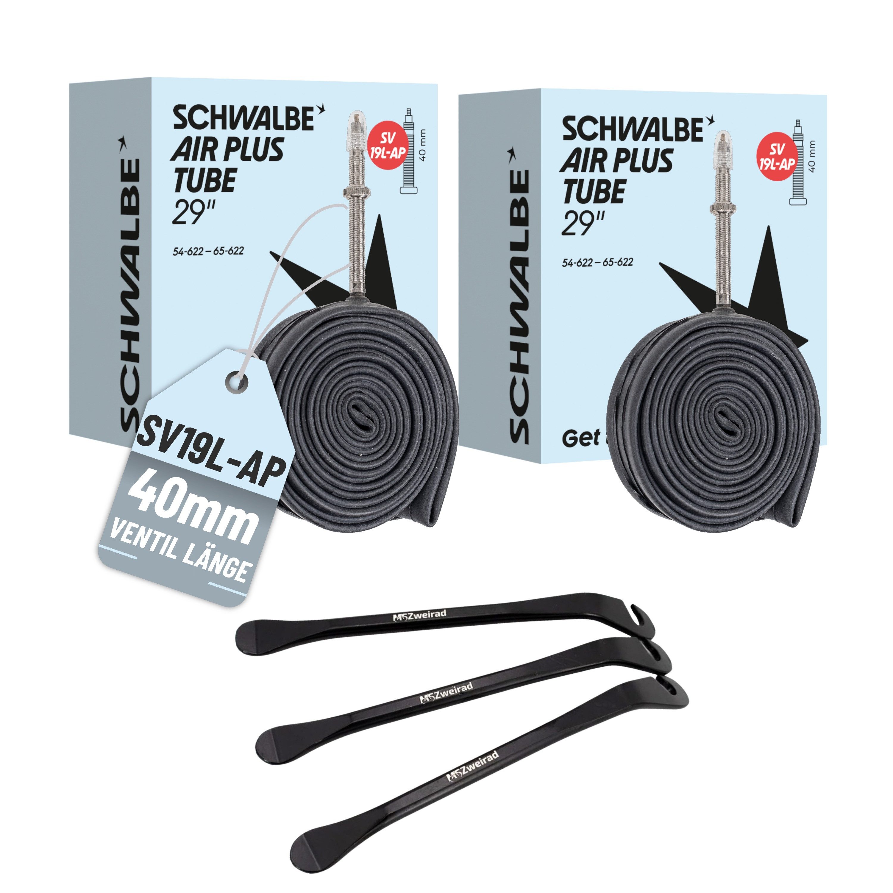Fahrradschlauch 2x Schwalbe Schlauch SV19L-AP 40mm 54/65-622 Modell 2026 + Reifenheber