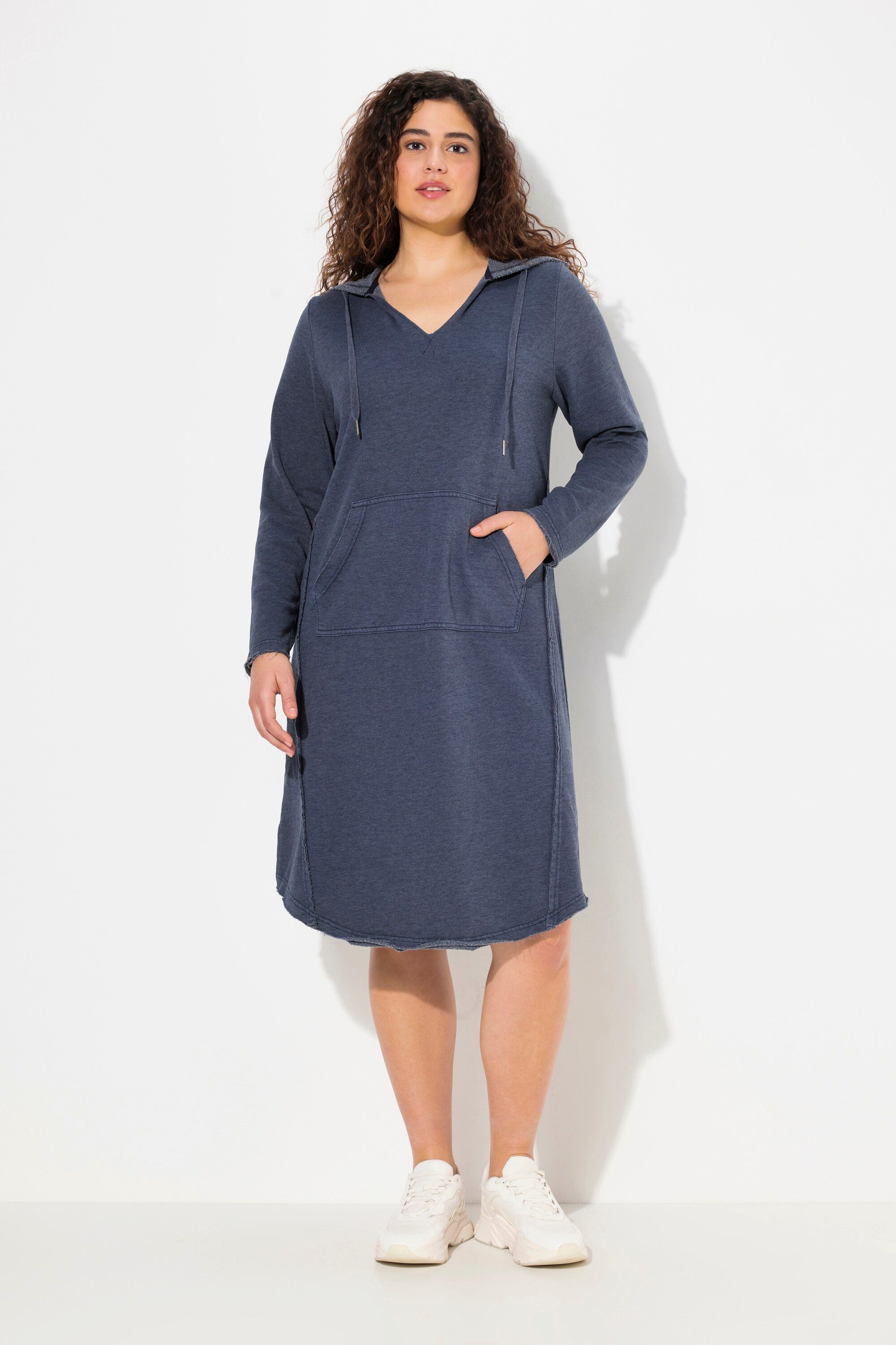 Midikleid Sweatkleid offenkantig Kapuze V-Ausschnitt Langarm