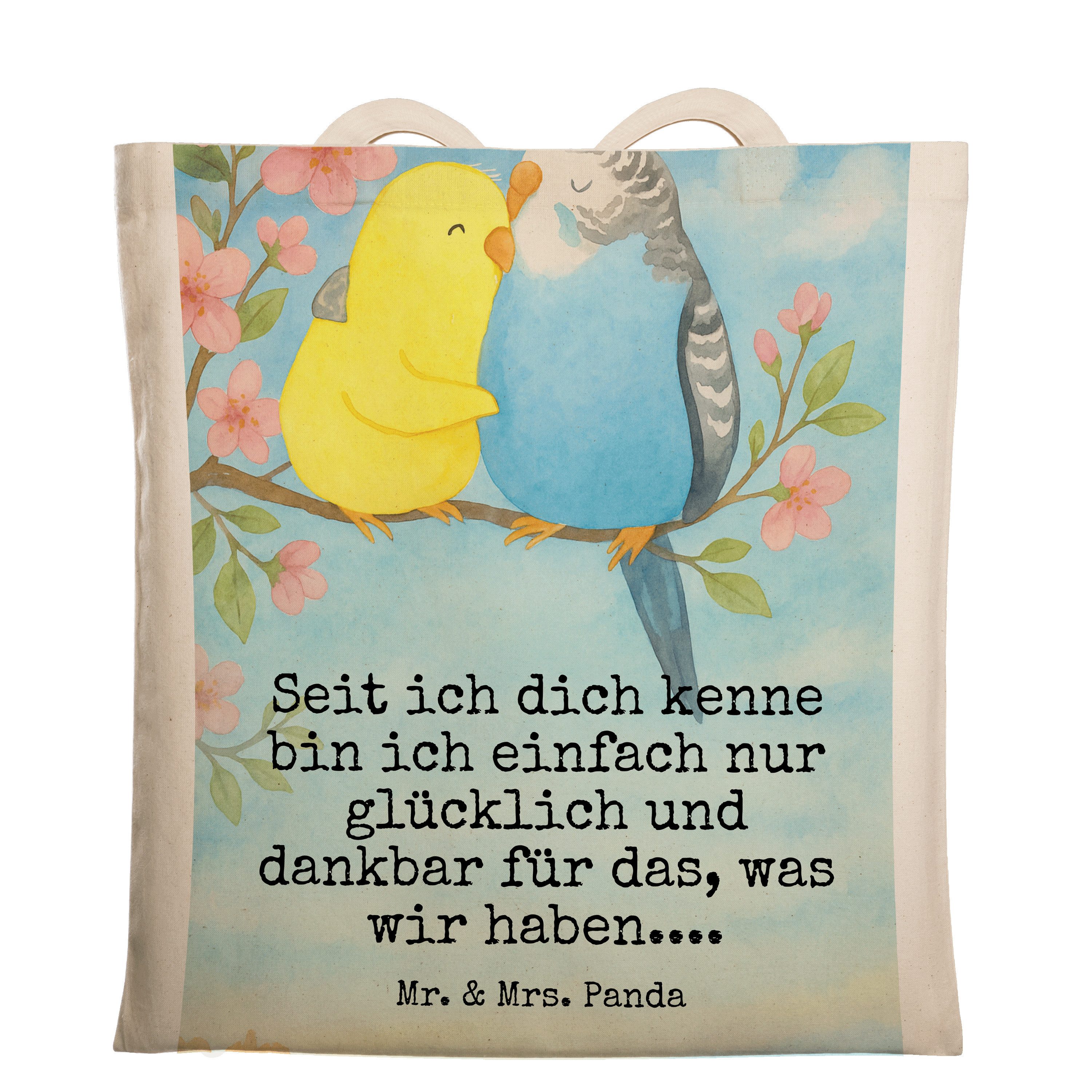 Mr. & Mrs. Panda Tragetasche Wellensittich Liebe Design, Tote Bag, Weiß, Laptoptasche, Verknallt, (Packung), henkeltasche baumwolle Verknallt einkaufsshopper