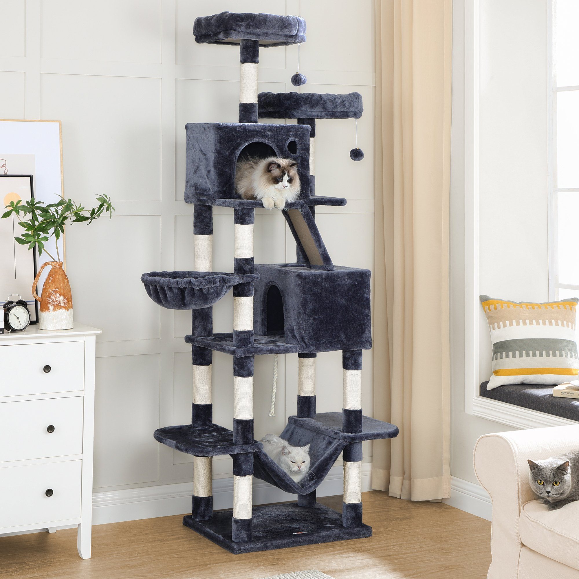 FEANDREA Kratzbaum, Katzenbaum, 168/206 cm(H), mehrstöckig für große Katzen, Kippschutz