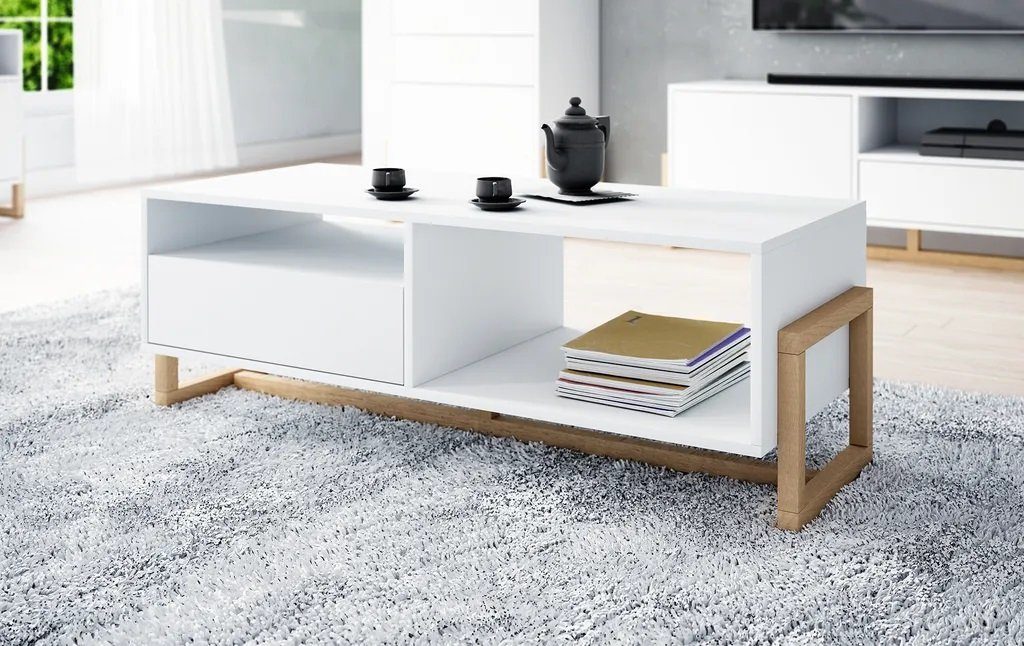 Eiche Salon 4-teilig in Möbelset Wohnzimmer-Set und matt DB-Möbel Weiß OLFEN