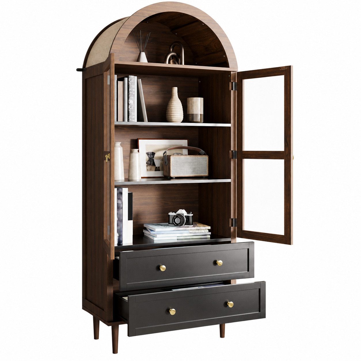 Merax Hochschrank Retro Sideboard Kommode mit walnussfarbener Holzmaserung (1-St) Aufbewahrungsschrank mit 2 gewölbter Glastür, 2 Schubladen,70×38×165cm