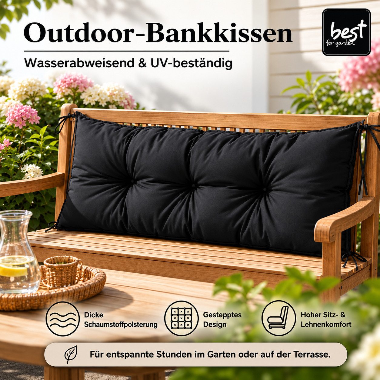 Best for Garden Dekokissen Bankauflage 120x40 cm für 2-Personen-Bänke – Rutschfest & Wetterfest, für 2 Personen
