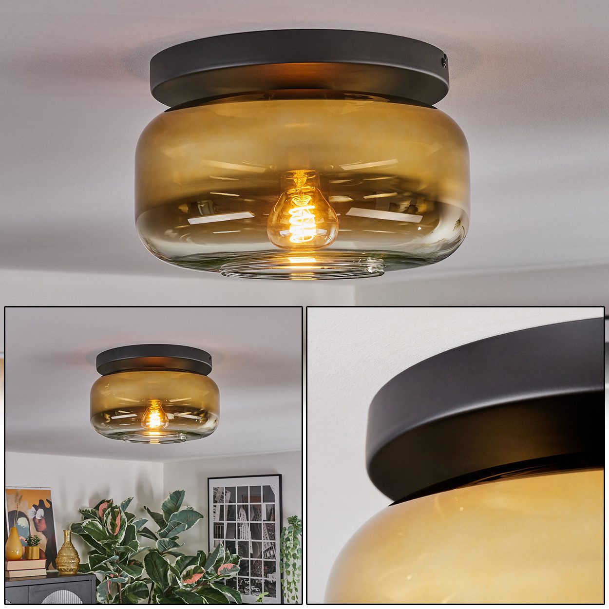 hofstein Deckenleuchte 1-flammige Deckenlampe aus Metall/Glas in Schwarz/Goldfarben/Klar, ohne Leuchtmittel, moderne Leuchte im Retro/Vintage-Design (Schirm Ø 28 cm), E27