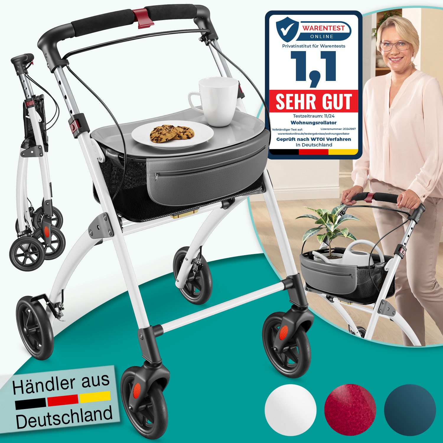 aktivshop Indoor-Rollator Wohnungsrollator leicht & faltbar, Hilfsmittel für Senioren, Gehhilfe, Einhand-Falt-mechanismus, geringes Faltmaß, maximale Sichtbarkeit