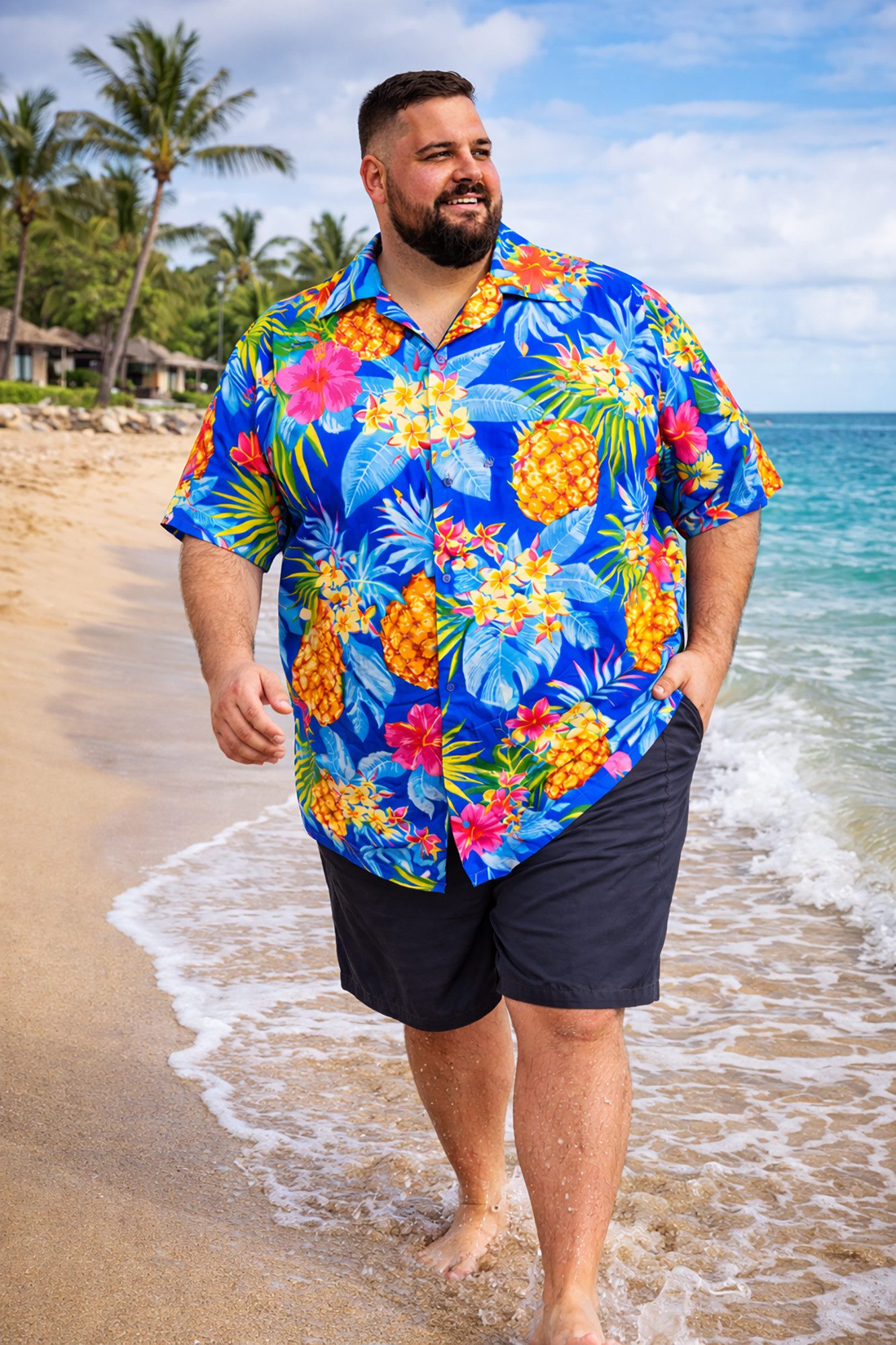 King Kameha Hawaiihemd Pineapple Übergrößen 7XL-12XL Sommerhemd Herren Kurzarm Front-Tasche