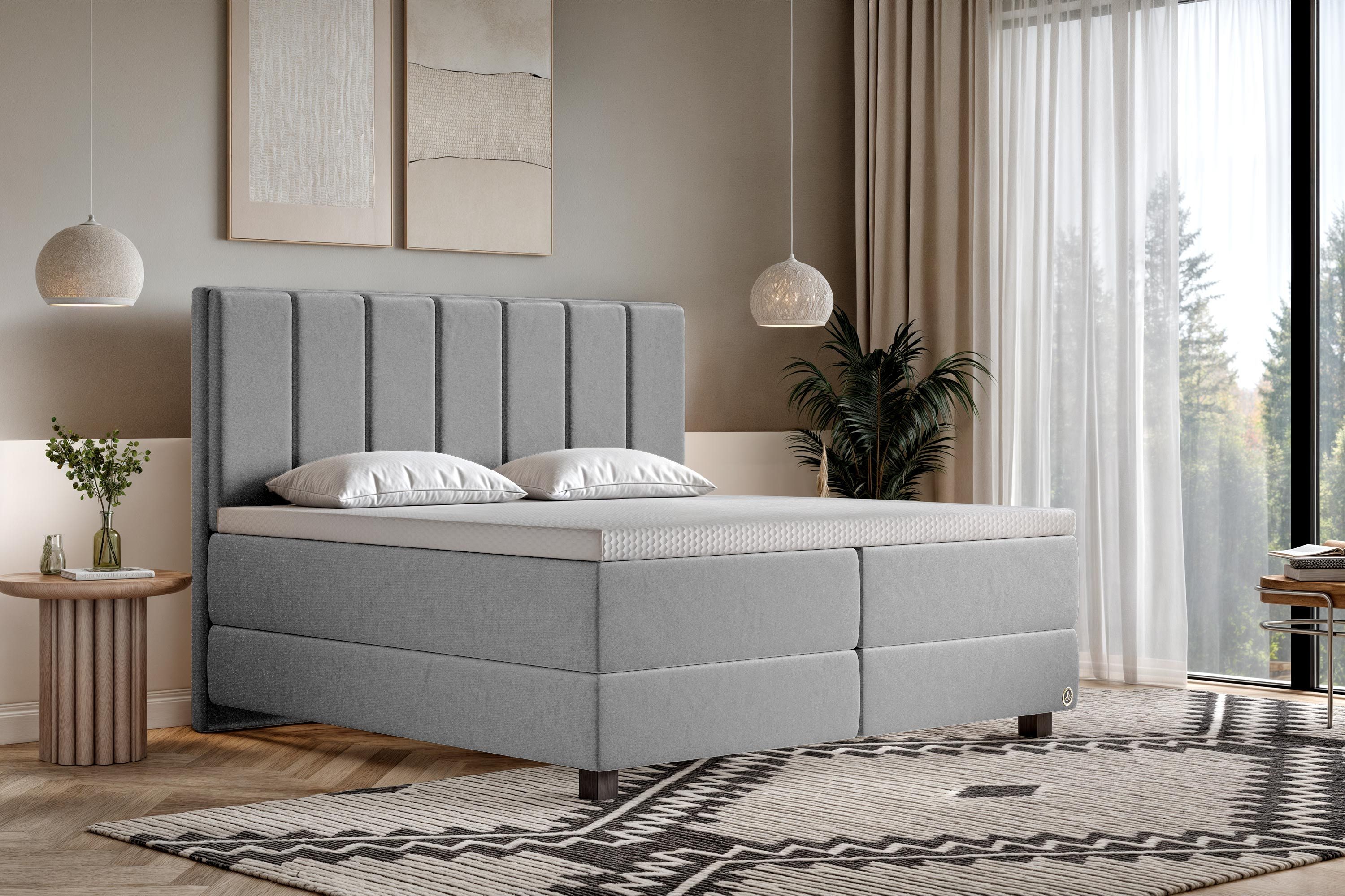 Di-Lara Boxspringbett Belisama 90x200 cm (Hellgrau, Taschenfederkern-Wendematratze H3/H4), mit Matratze(n) und Topper