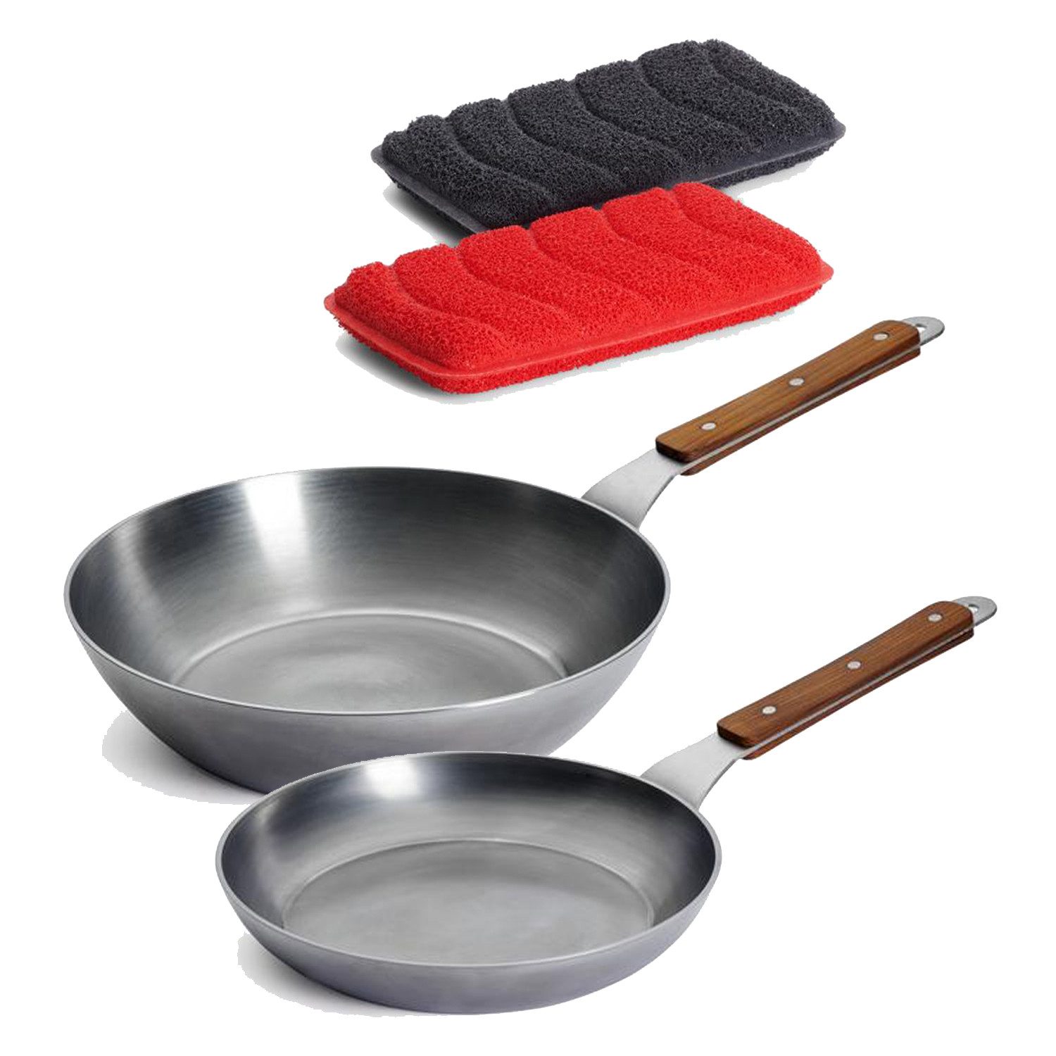WOLL Сковороды-Set "Carbon Steel" Жаровни inkl. Silikonschwämme, Karbon-Stahl (Set, 2-tlg., 1x Flachpfanne Ø 24 cm, 1x Hochrandpfanne Ø 28 cm), Induktionsgeeignet
