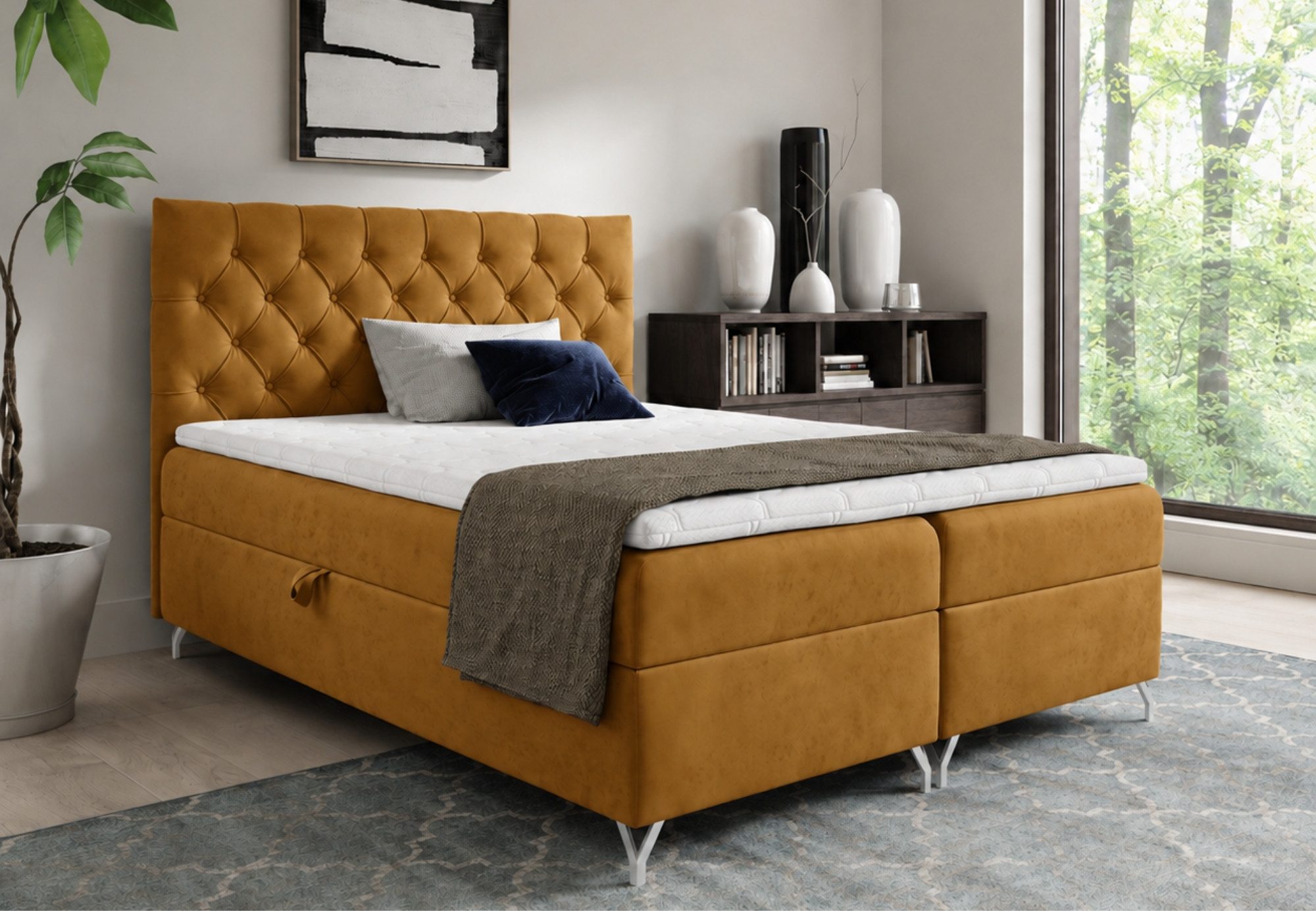 Home Collective Boxspringbett Bett Doppelbett mit Bettkasten Polsterbett Stauraum Samtstoff (Größen 120x200, 140x200, 160x200, 180x200, 200x200 cm), Bonell-Federkern und Topper, Metallfüße Senfgelb