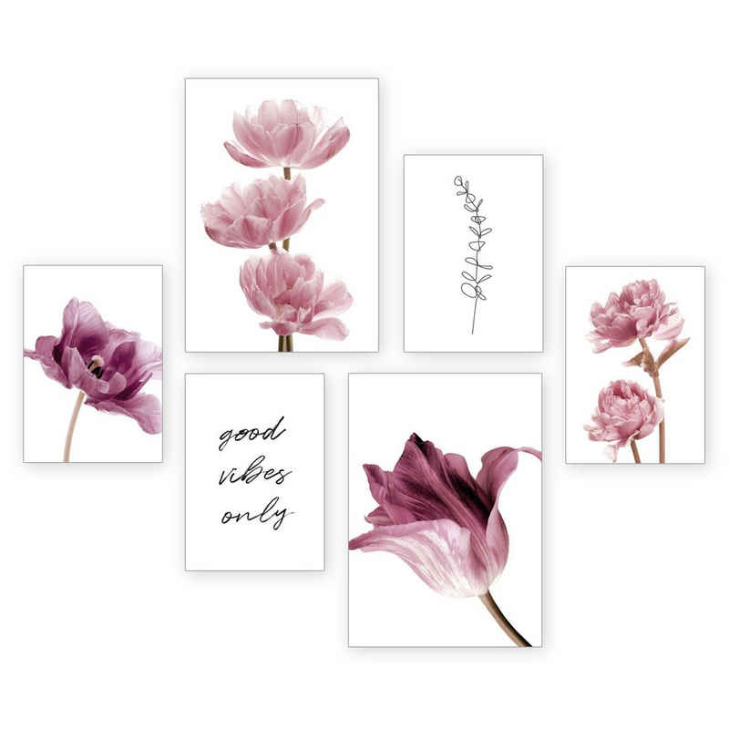 Kreative Feder Poster Flowers, Blume (Set, 6 St), 6-teiliges Poster-Set, Kunstdruck, Wandbild, Posterwand, Bilderwand, optional mit Rahmen, WP523
