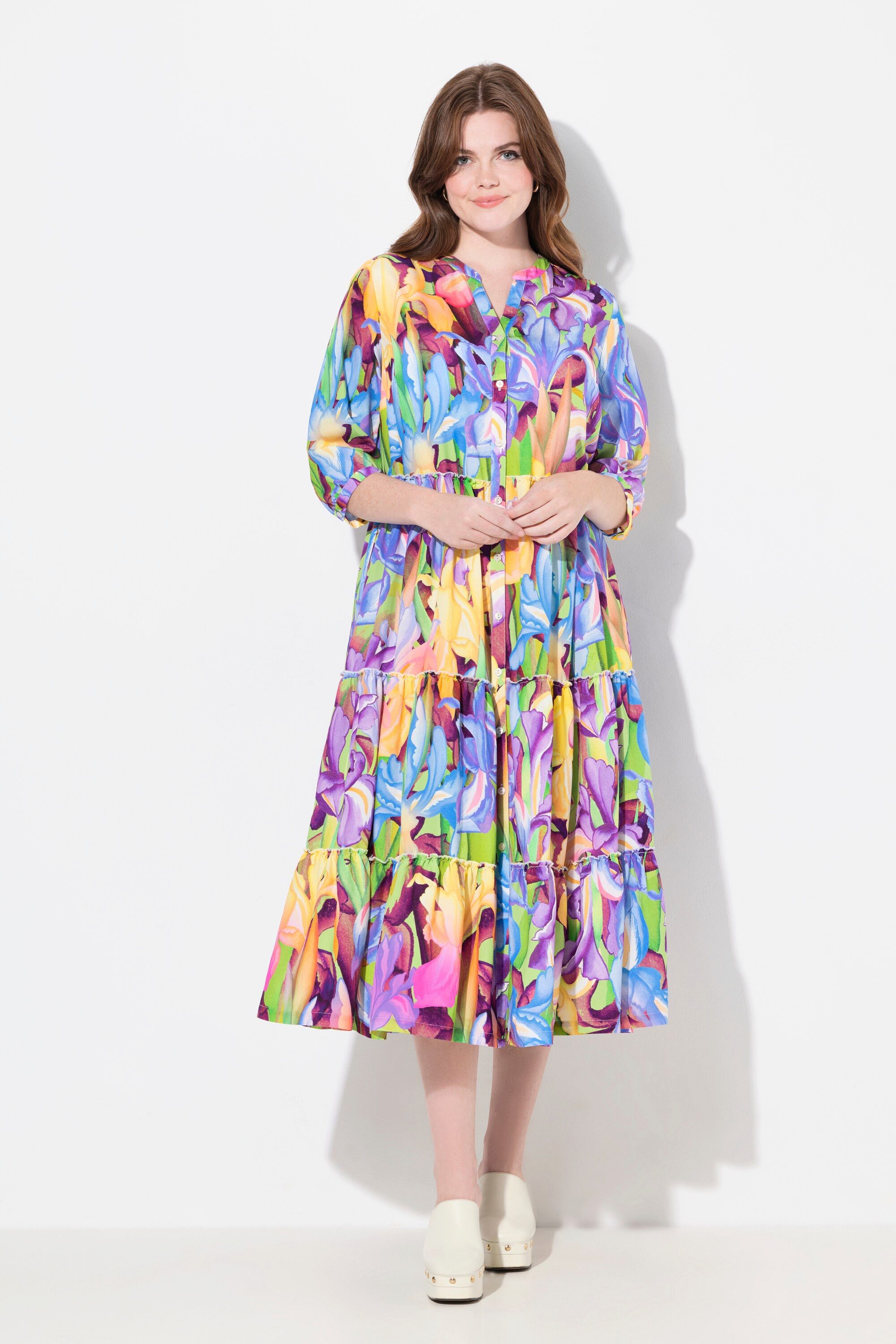 Ulla Popken Maxikleid Maxikleid Stehkragen V-Ausschnitt günstig online kaufen