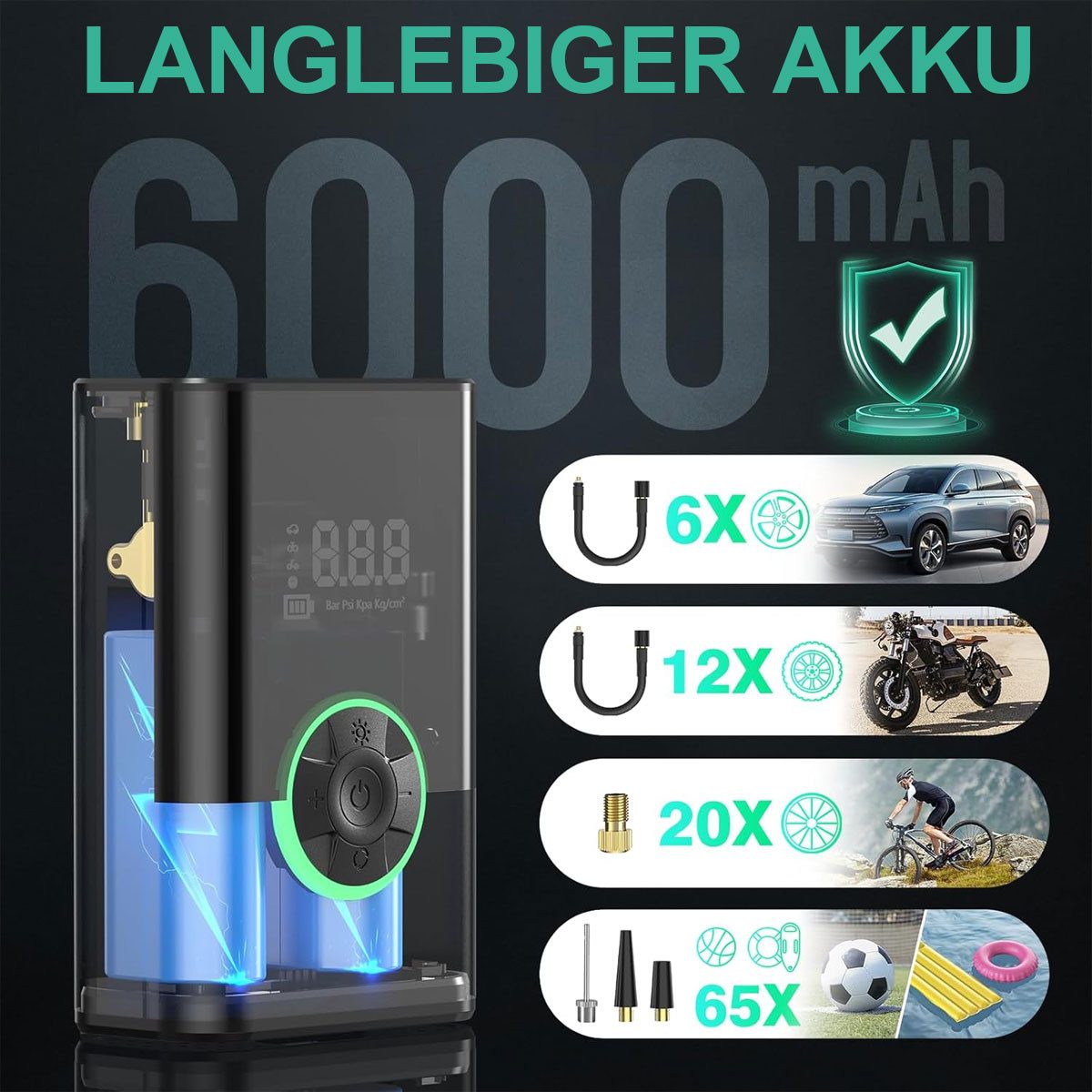 Pdgrid Akku-Luftpumpe 6000mAh Tragbare Elektronische Tragbare 150PSI Fahrradpumpe Elektrisch, luftpumpe für fahrrad,Luftkompressor Portable Electric Air