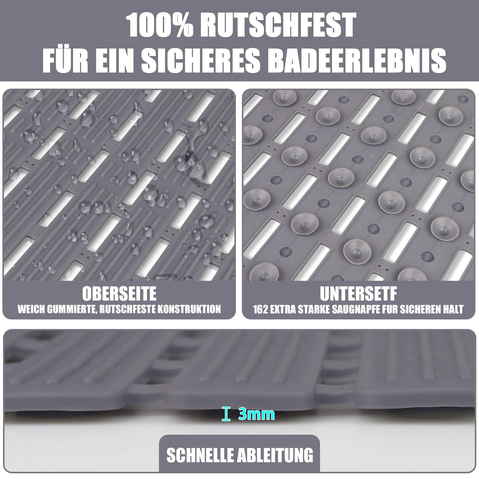 Coonoor Duschmatte Antirutsch-Badematte mit Saugnäpfen und Abflusslöchern, rutschfest und schimmelresistent – Bild 2 von 5