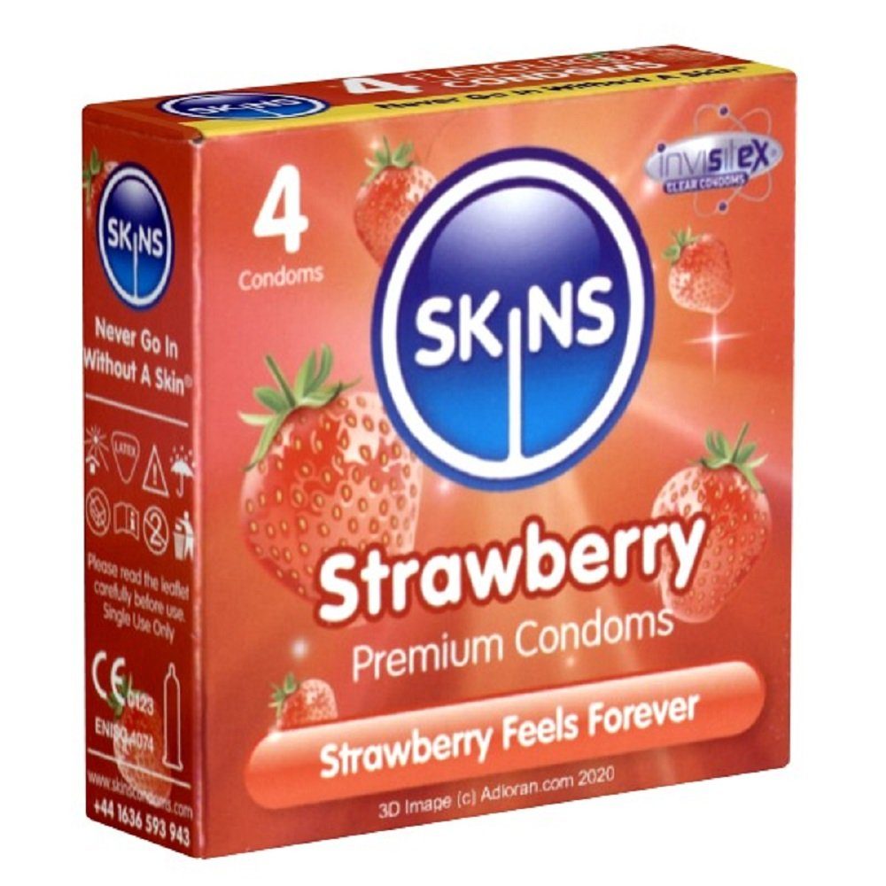 SKINS Condoms Kondome Strawberry, samtweiche Oberfläche, fühlt sich an wie "echt", Packung mit, 4 St., Kondome mit fruchtigem Erdbeeraroma, durchsichtiges Latex (kristallklar), kein Latexgeruch