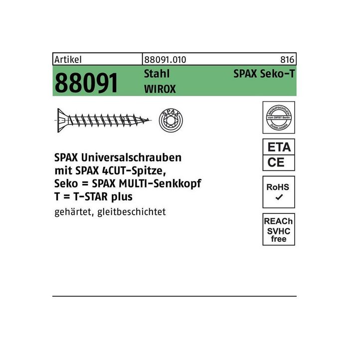 SPAX Senkschraube Schraube R 88091 Senkkopf/T-STAR 4 x 40/35-T20 Stahl WIROX