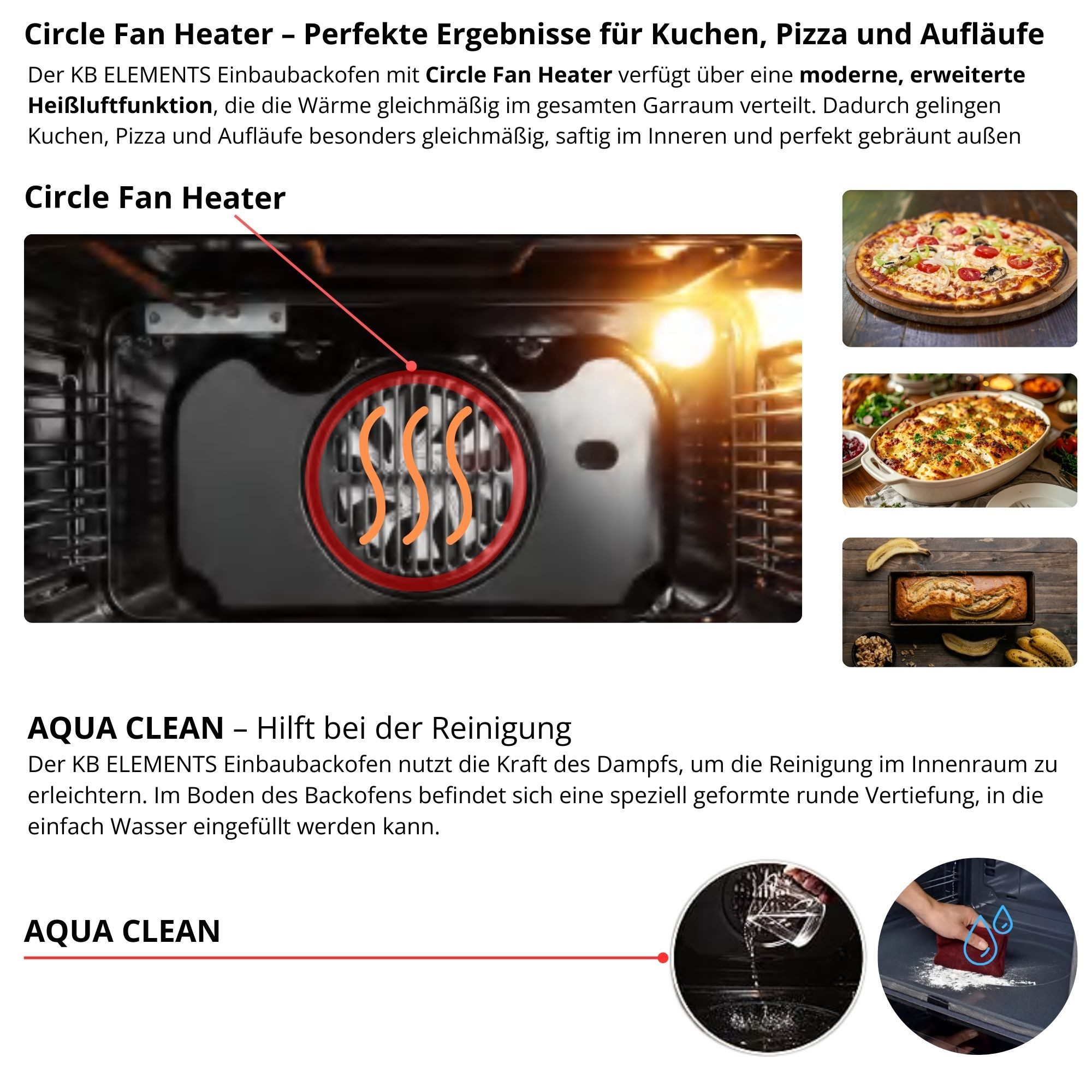 KB Elements Backofen-Set Einbaubackofen 60 cm mit Gaskochfeld 4 Flammig, AQUA CLEAN, Aqua Clean, Gaskochfeld mit Vollkupfer-Brennern