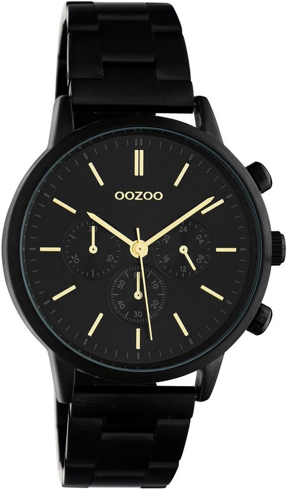 OOZOO Quarzuhr Oozoo Damen Armbanduhr schwarz Analog, Damenuhr rund, mittel  (ca. 38mm) Edelstahlarmband, Fashion-Style, goldene Zeiger und Indizes