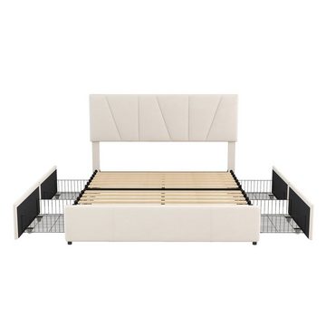 Celya Polsterbett Doppelbett Bettgestell 140x200cm, Polster Plattform Bett mit vier Schubladen auf zwei Seiten