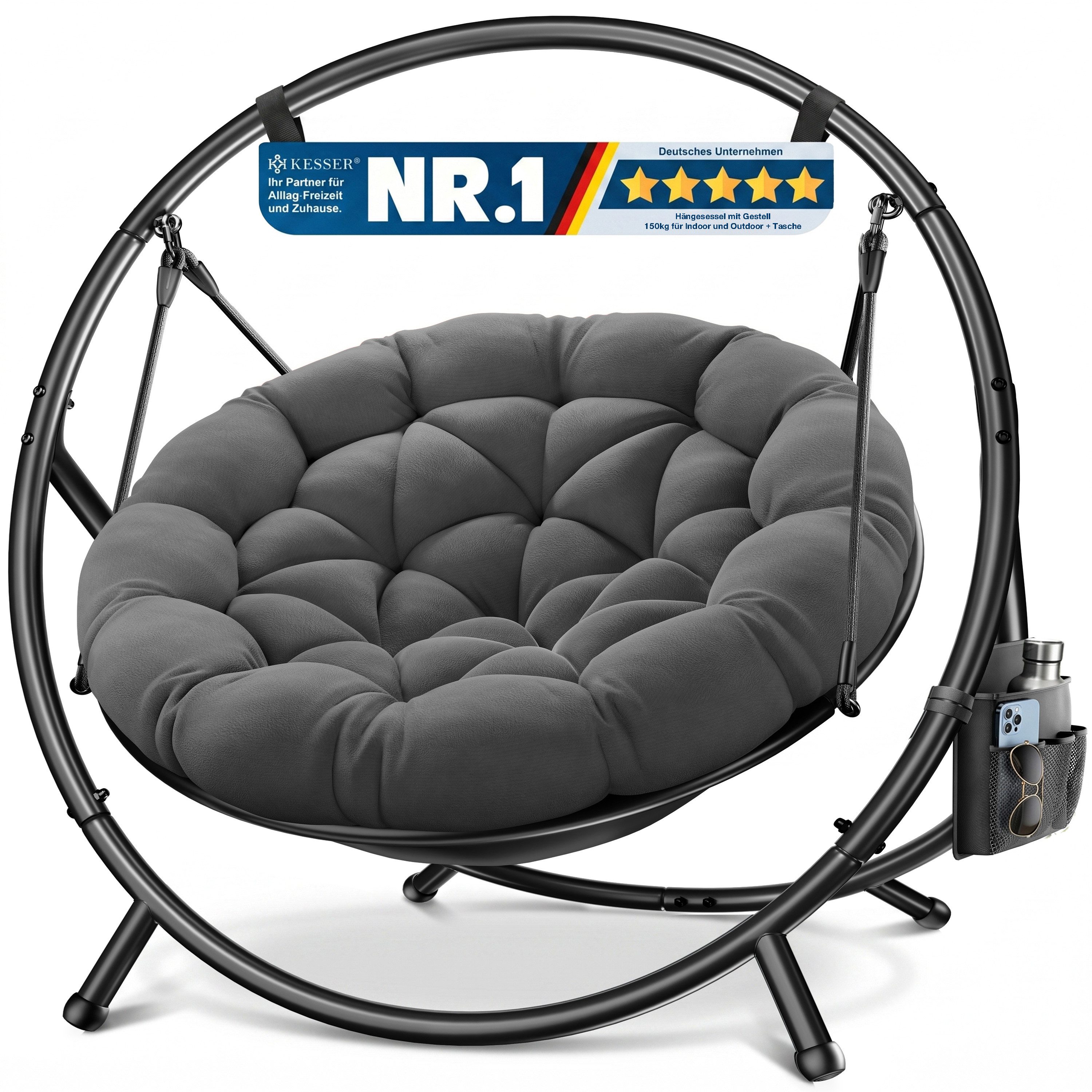 KESSER Hängesessel Bali Hängesessel mit Gestell Hängeschaukel Hängestuhl bis 150kg (mit Wipp Funktion, Kissen & Seitentasche), Hängekorb Stahlgestell Schaumstoff Sitzpolster für Wohnzimmer & Garten