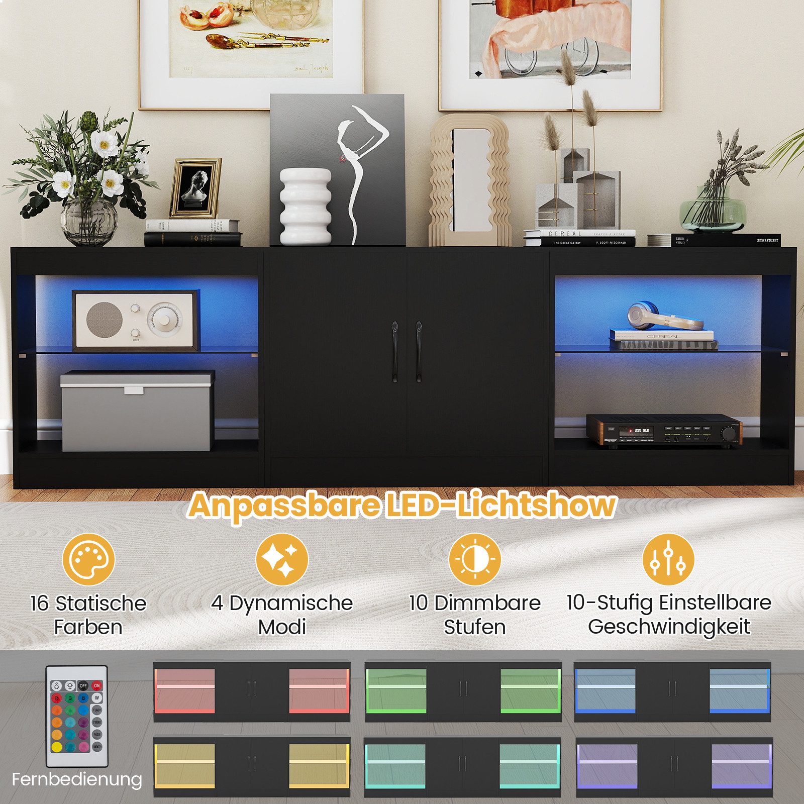 COSTWAY TV-Schrank mit LED & verstellbaren Glasregalen, Fernsehtisch 195 cm