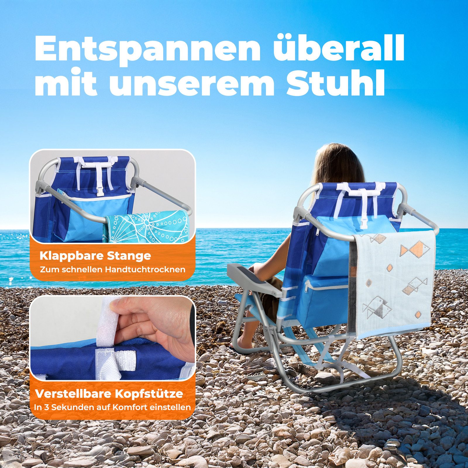 HOMECALL Klappstuhl Strandstuhl Leicht Klappbar Camping, 5-fach verstellbare Rückenlehne (Bis150KG Aluminiumrahmen, groBe Kuhitasche und Aufbewahrungstasche, 2  – Bild 5 von 5
