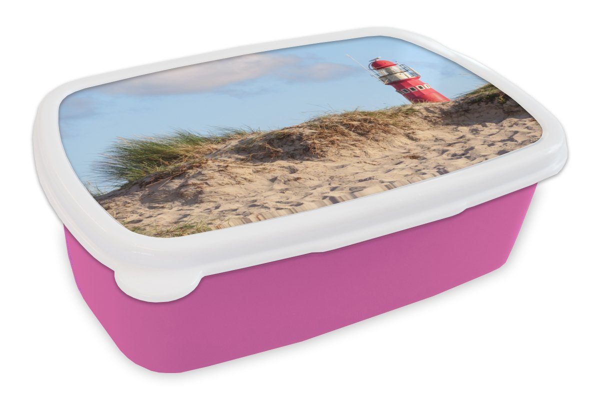 MuchoWow Lunchbox Strand - Leuchtturm - Düne, Kunststoff, (2-tlg), Brotbox für Erwachsene, Brotdose Kinder, Snackbox, Mädchen, Kunststoff rosa
