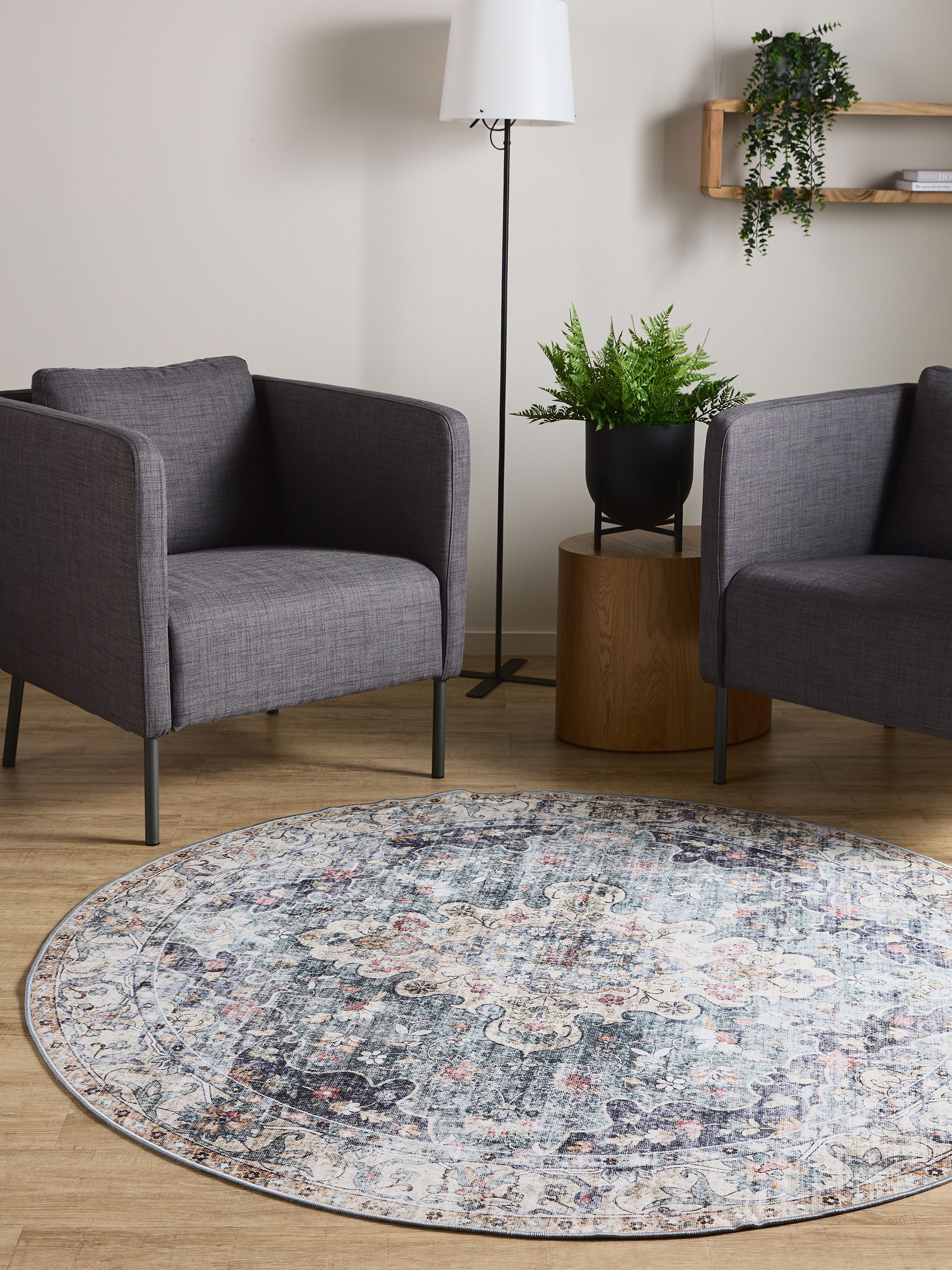 Interiyou Teppich Gent, Rund, Höhe: 5 mm, Vintage Kurzflor für Wohnzimmer, Schlafzimmer, waschbar, pflegeleicht