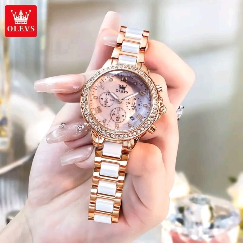 OLEVS Quarzuhr Geschenkset Damenuhr Keramik Roségold Rosa Luxus Chronograph 3tlg 9999 – Bild 4 von 5