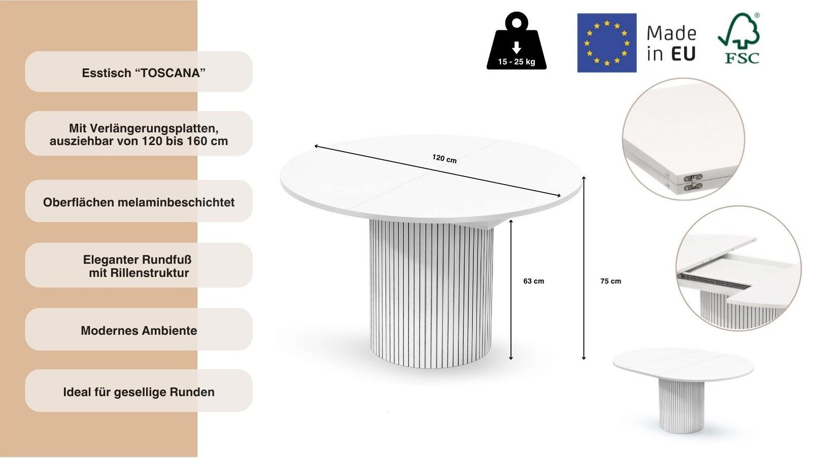 Woodman Esstisch Toscana, Breite 120 cm, melaminbeschichtet, mit Verlängerungsplatten, FSC®