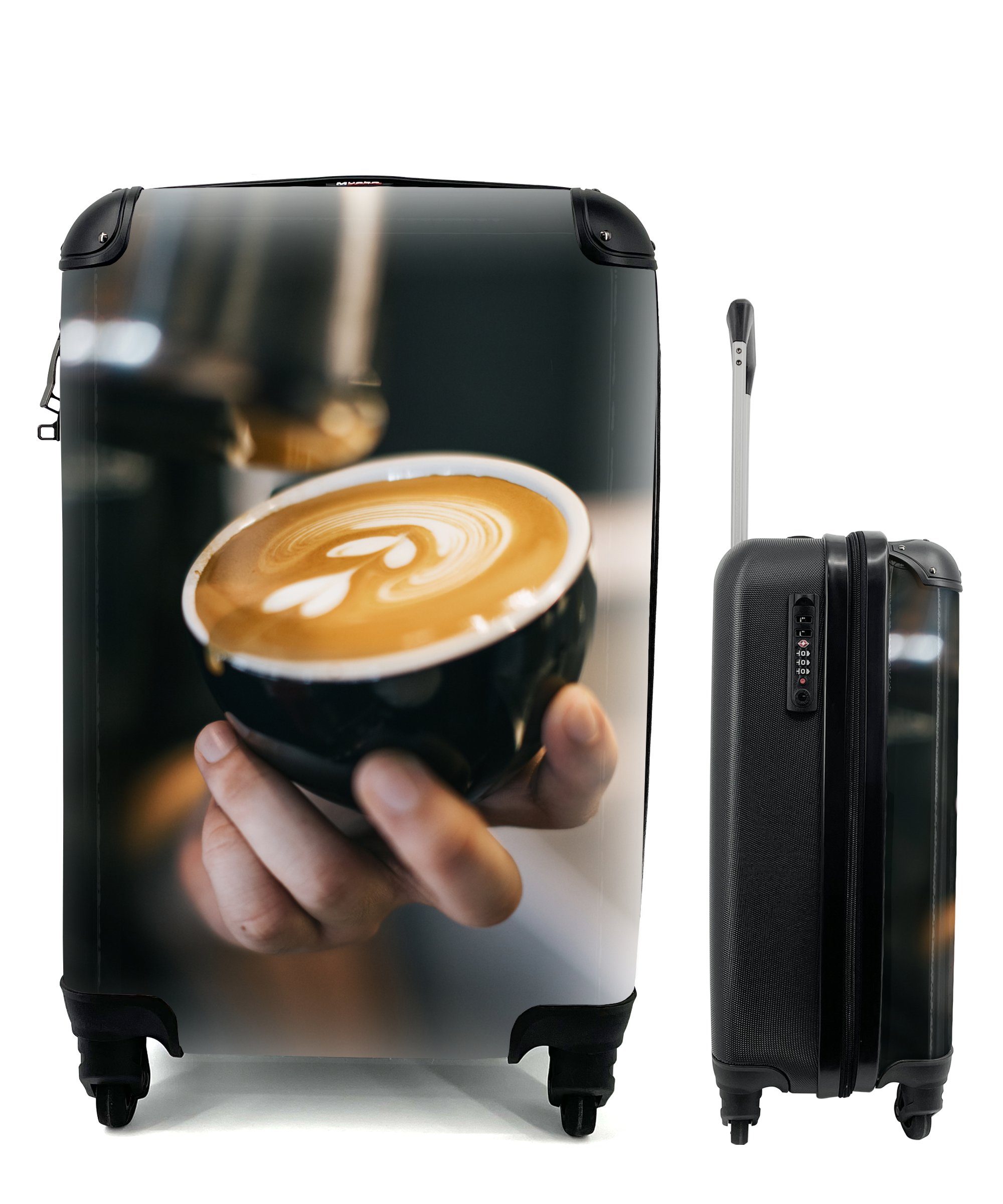 MuchoWow Handgepäckkoffer Eine herzförmige Blume in einer Tasse Cappuccino, 4 Rollen, Reisetasche mit rollen, Handgepäck für Ferien, Trolley, Reisekoffer