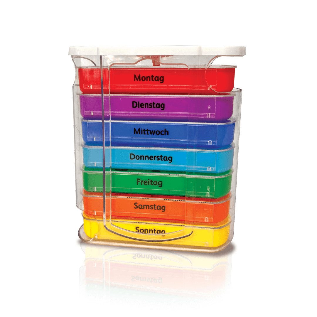 IEA Medical Pillendose Medikamentenbox 7 Tage mit 4 Fächern pro Tag,Tablettenbox kompakt (1 St), Farbcodierte Wochentage, reisefreundliche Pillenbox, sicher verstaut