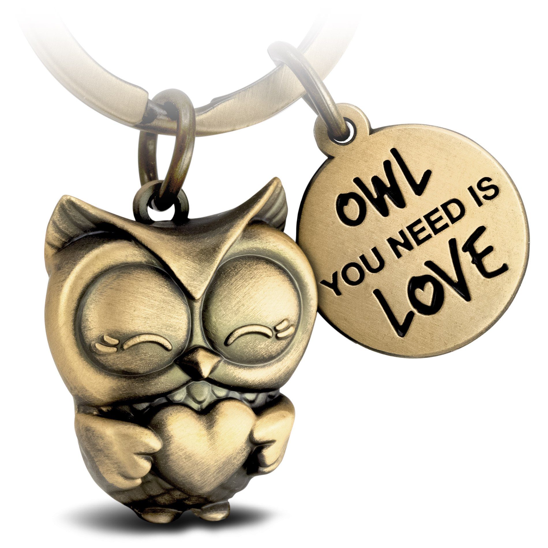 FABACH Schlüsselanhänger Eule Owly mit Herz - Gravur Owl You Need is Love - Liebe Glücksbringer Antique Bronze