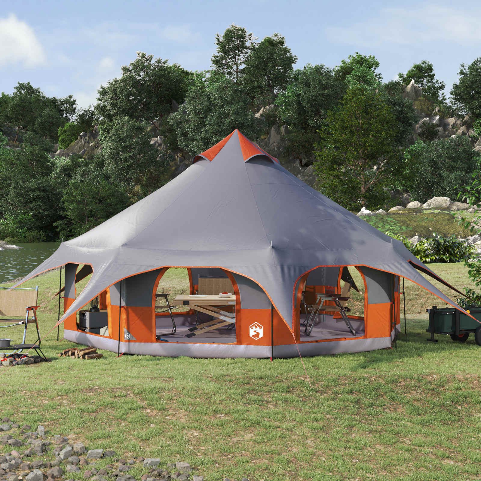 furnicato Faltzelt Familienzelt 455x455x286 cm Grau-Orange, (1 tlg), Wetterfestes Campingzelt mit Stahlrahmen und integriertem Mesh-Netz