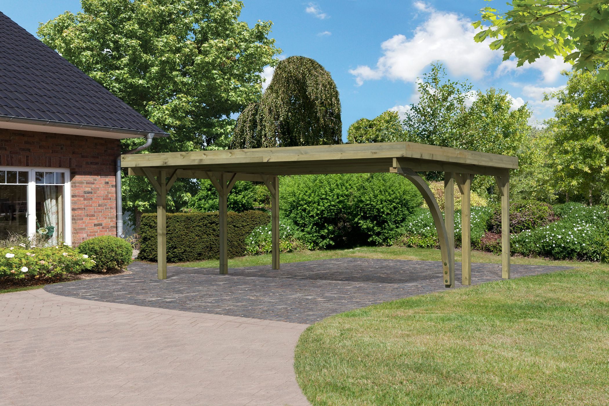 Karibu Doppelcarport »Classic 1 SET« PVC-Dach Variante B, mit einem Einfahrtsbogen, BxT: 563x394,5 cm, 206 cm Einfahrtshöhe, (Set), aus Masivholz