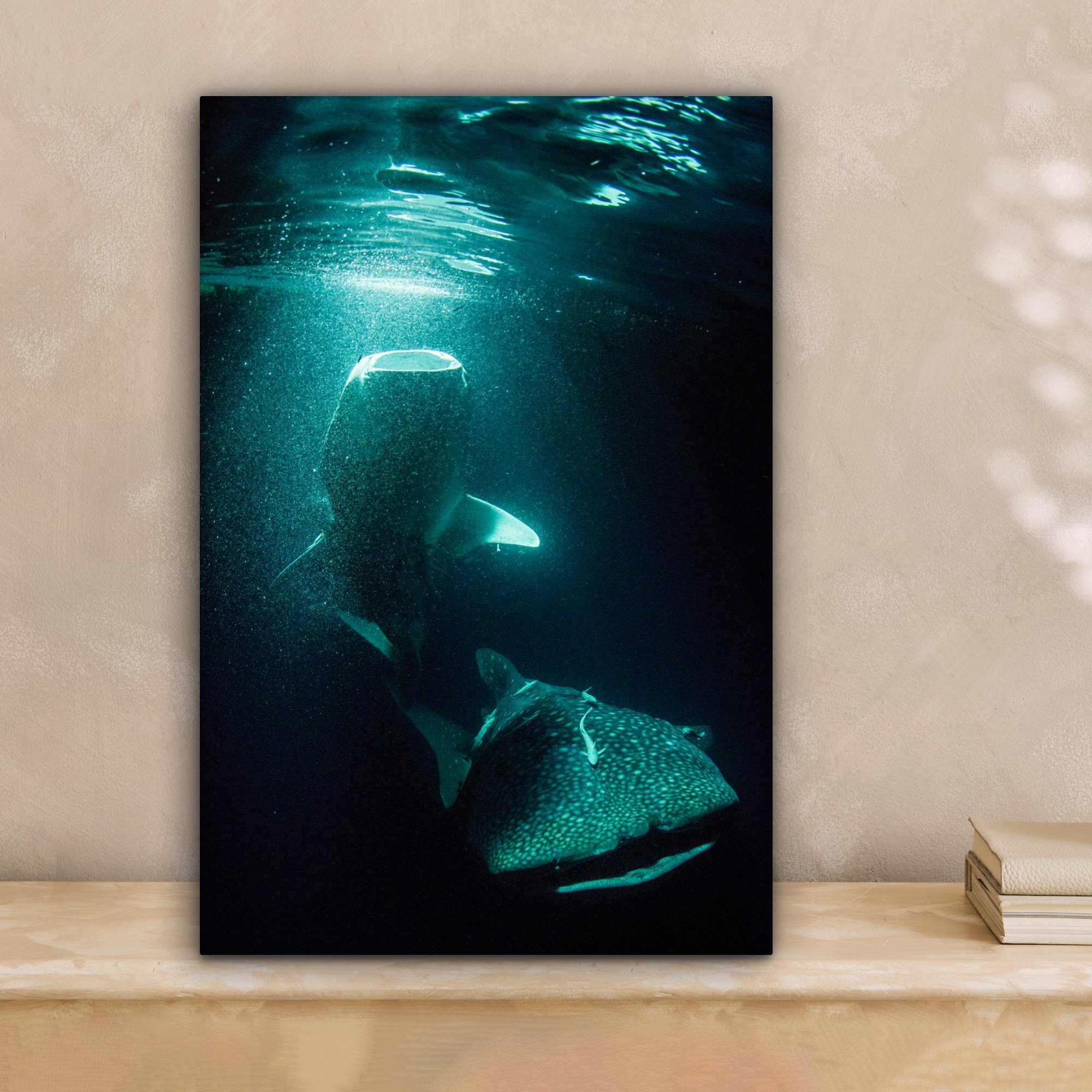 Leinwandbild im fertig 20x30 Leinwandbild Ein Zackenaufhänger, grünen St), Walhai bespannt (1 Licht, cm OneMillionCanvasses® inkl. Gemälde,