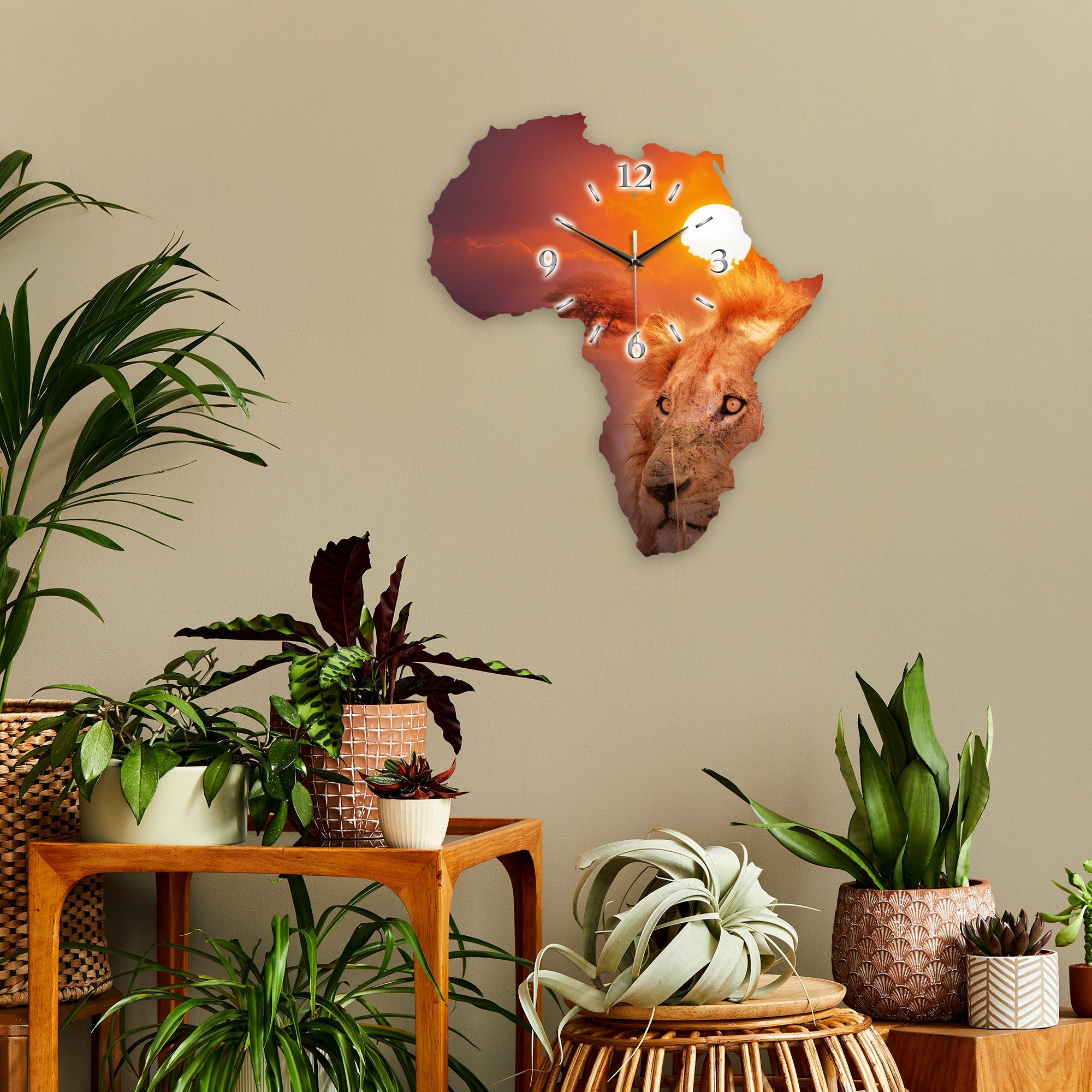 Wanduhr Ticken; Kreative Löwe "Afrika" außergewöhnlich, Motiv (ohne Funk- modern) Landkarten-Design Designer-Wanduhr Feder elegant, oder Quarzuhrwerk; im
