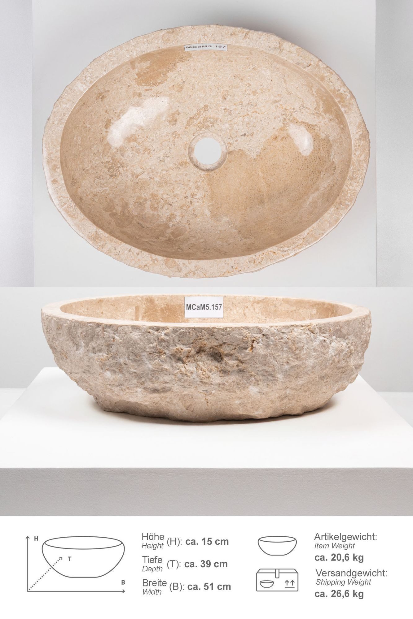 wohnfreuden Aufsatzwaschbecken Erosi Marmor Waschbecken 50 cm creme (Kein Set), 125881_MCaM5.157