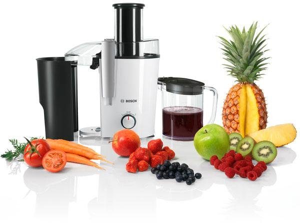 BOSCH Entsafter VitaJuice 2 MES25A0, XL-Einfüllschacht, Edelstahl-Microfilter-Sieb, 700 W, Ausgießer mit DripStop, spülmaschinengeeignet, weiß / grau